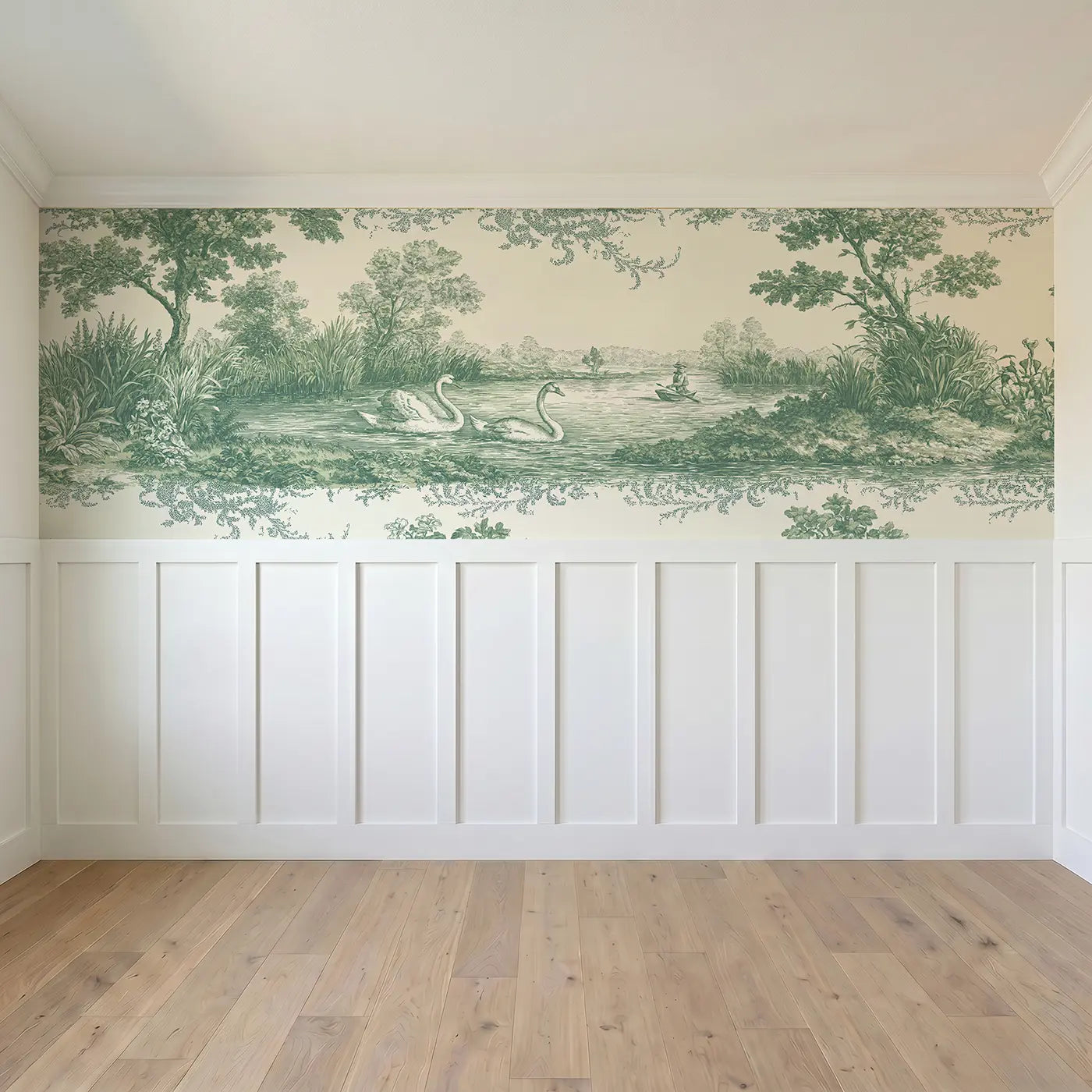 Full panel view of Pond Reed Swans Green Toile Wainscoting Wallpaper by Whimsy Tots