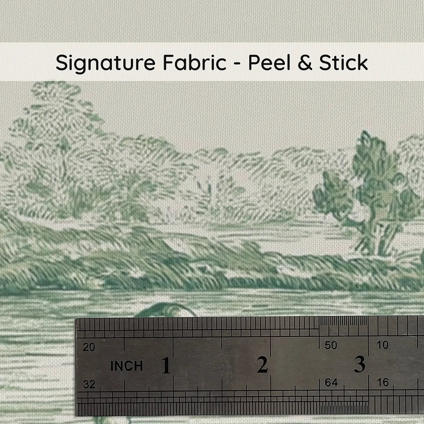 Fabric texture close-up of Pond Reed Swans Green Toile Wainscoting Wallpaper by Whimsy Tots