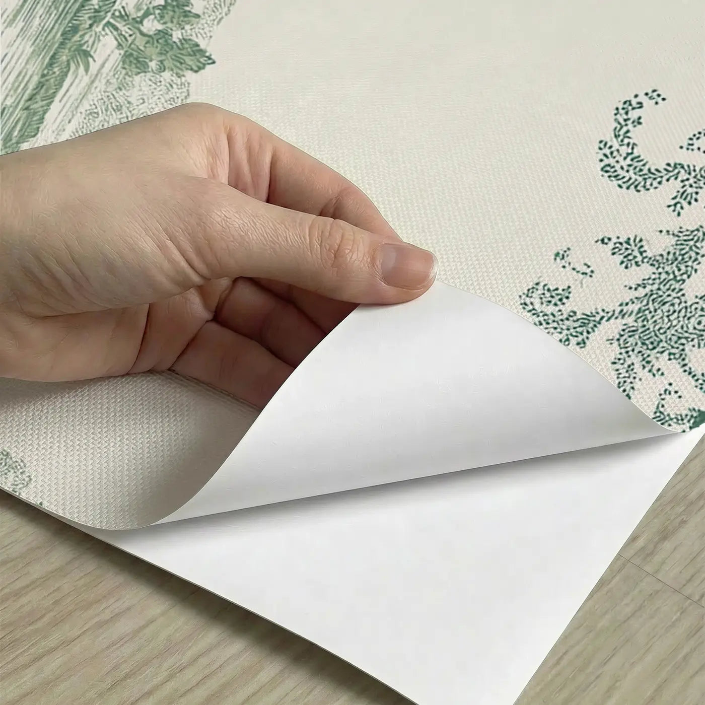 Peel-and-stick detail of Pond Reed Swans Green Toile Wainscoting Wallpaper by Whimsy Tots