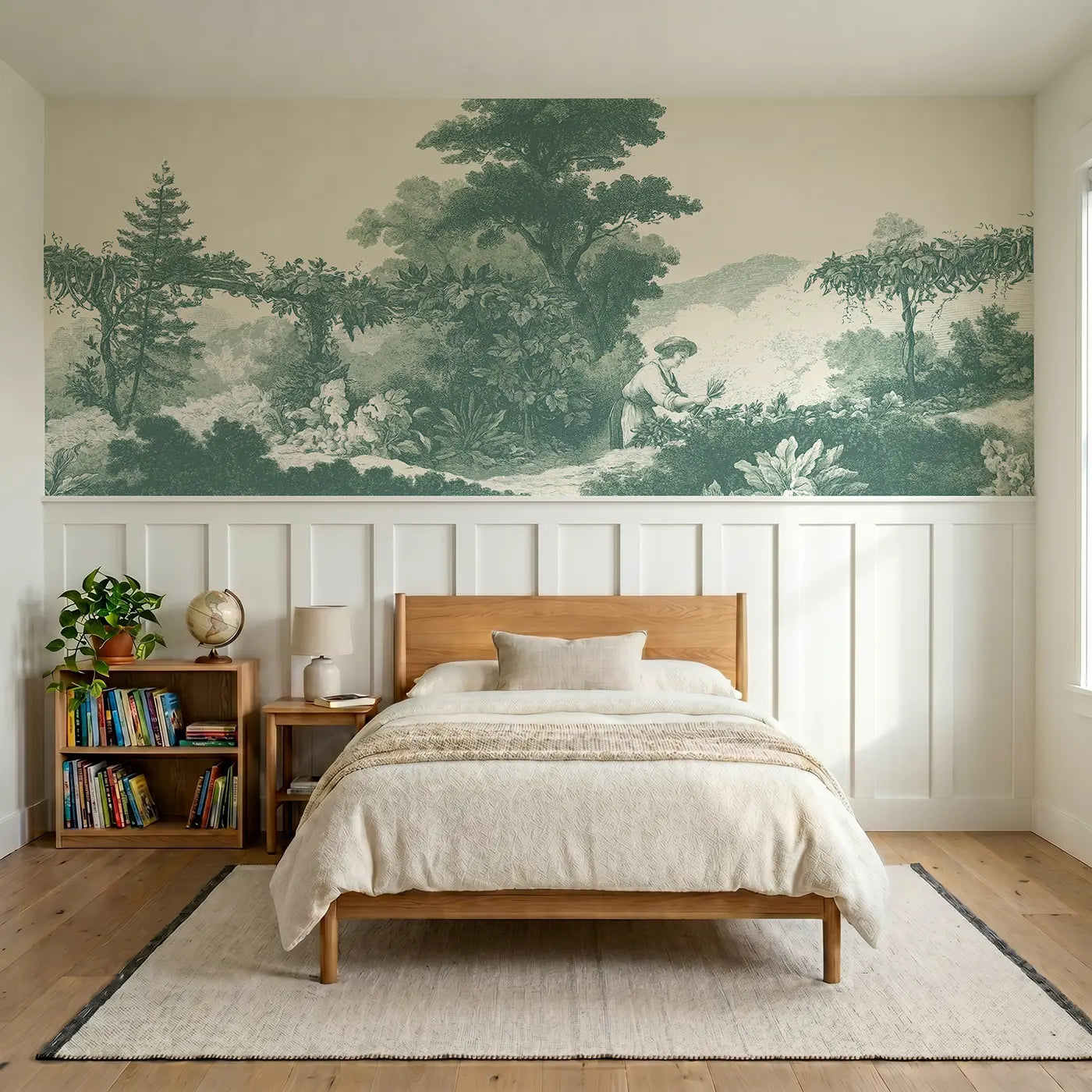 Botanical Elegance vegetable patch pick green toile wainscoting wallpaper for bedroom by Whimsy Tots.