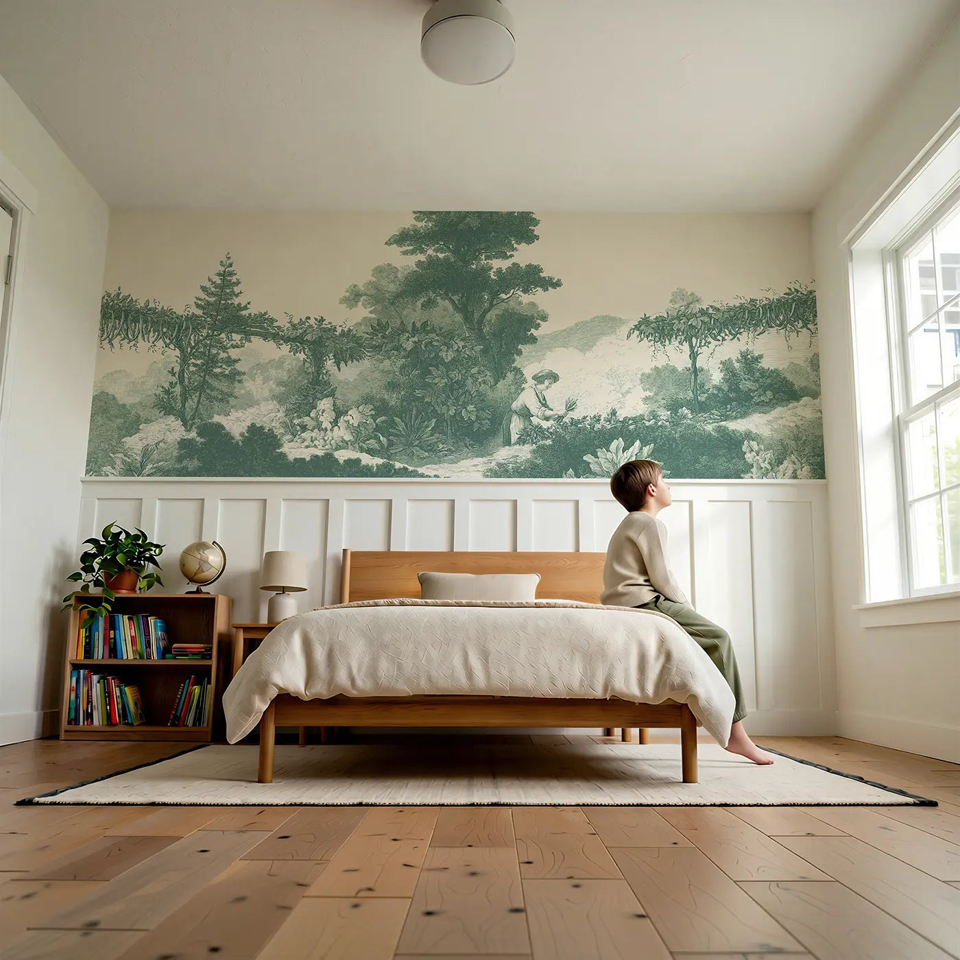 Child reading near Vegetable Patch Pick Green Toile Wainscoting Wallpaper by Whimsy Tots