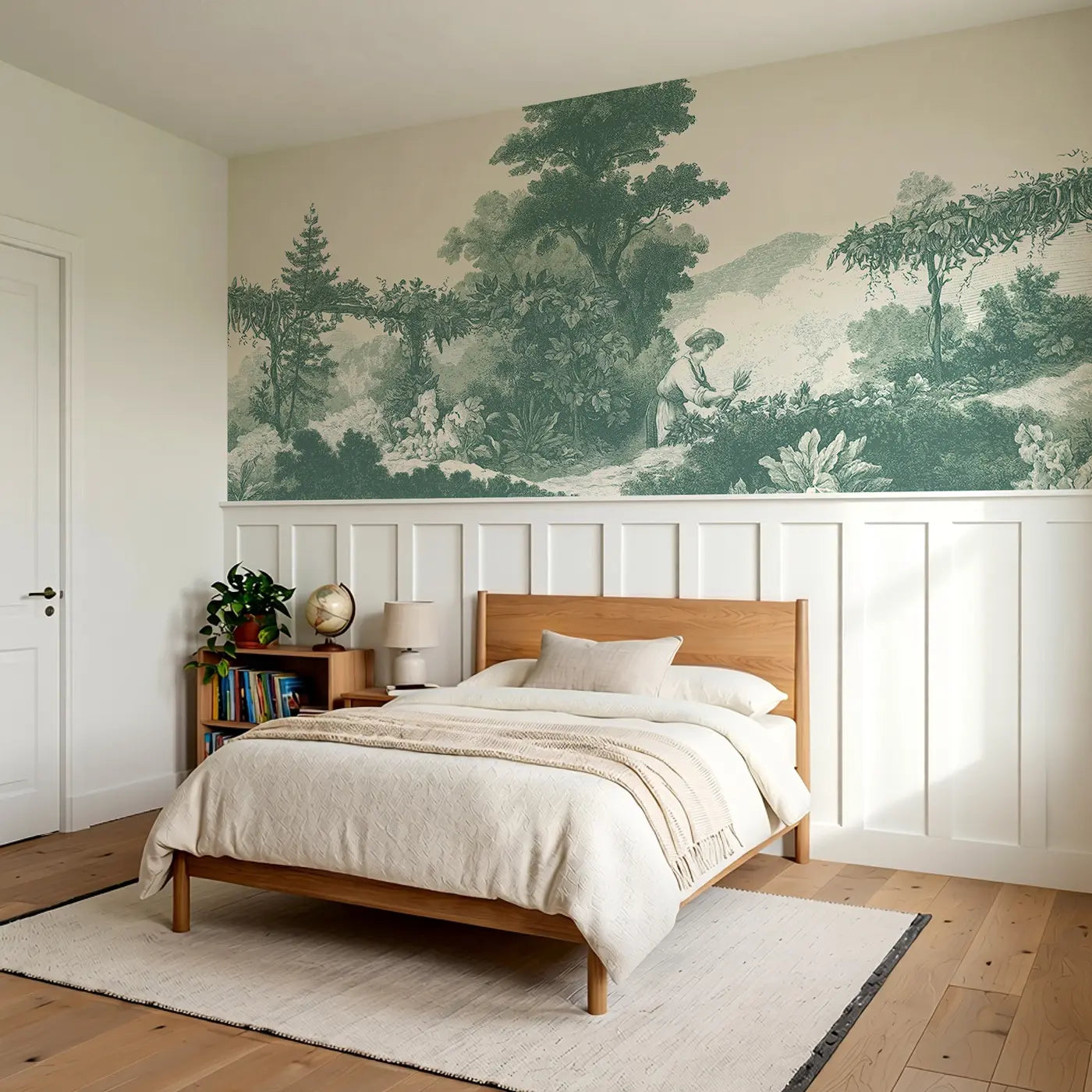 Vegetable Patch Pick Green Toile Wainscoting Wallpaper styled in a kids bedroom by Whimsy Tots