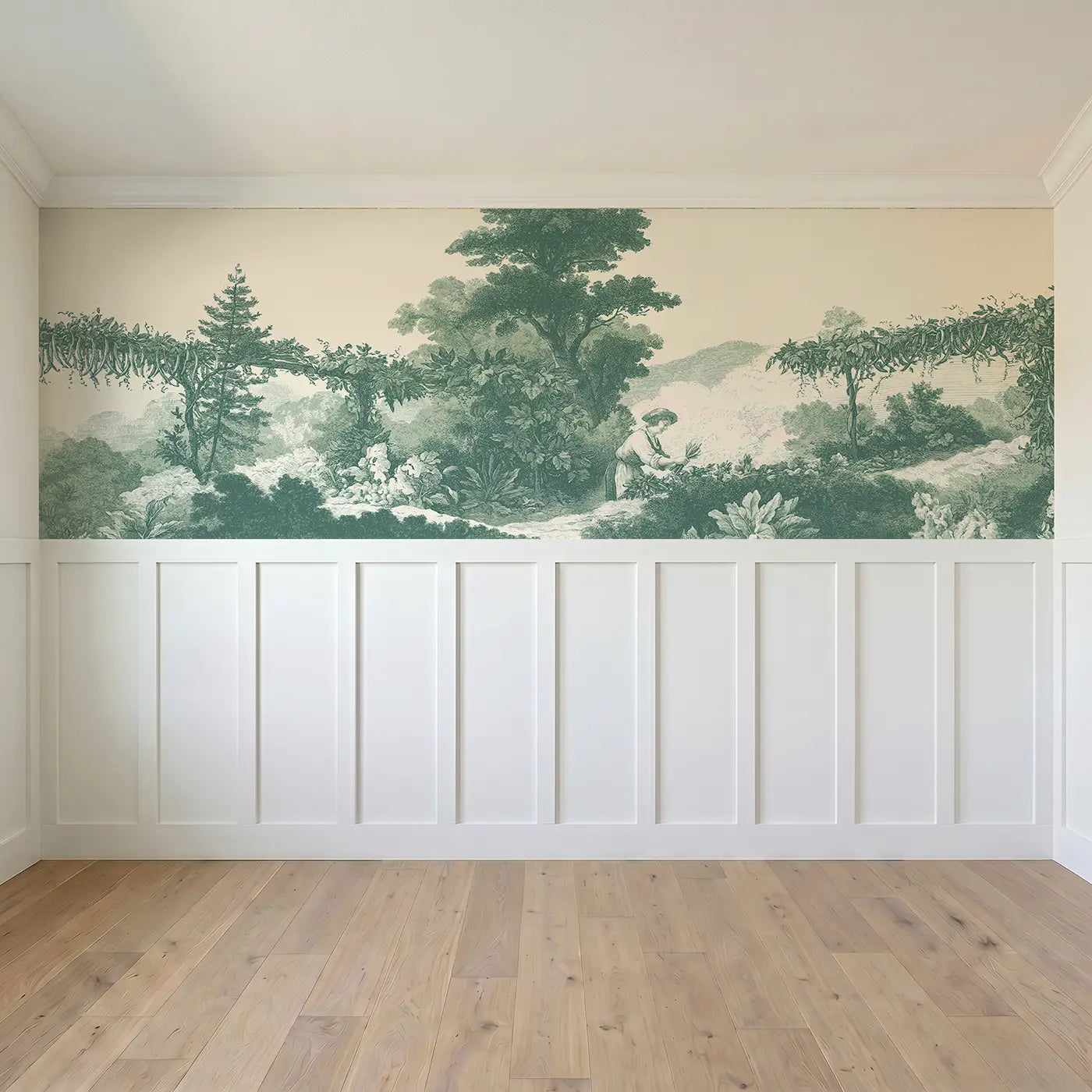Full panel view of Vegetable Patch Pick Green Toile Wainscoting Wallpaper by Whimsy Tots