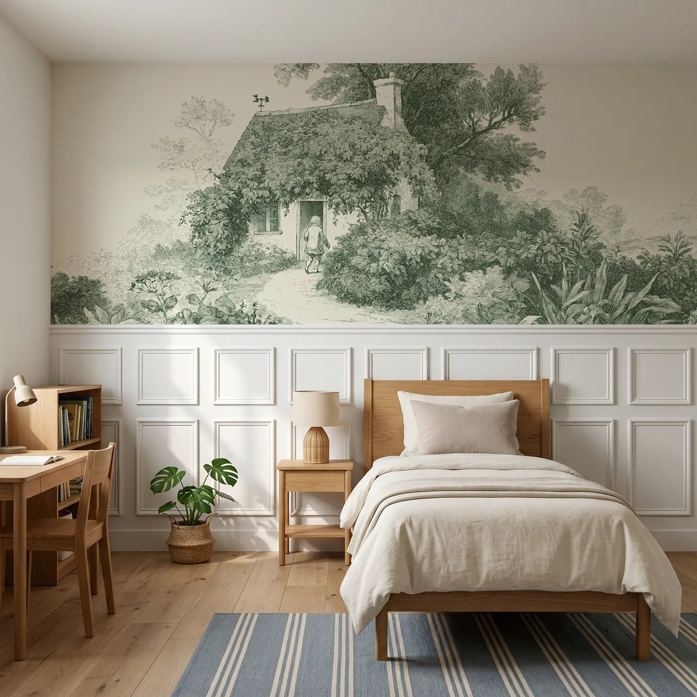 Botanical Elegance cottage vine entrance green toile wainscoting wallpaper for bedroom by Whimsy Tots.
