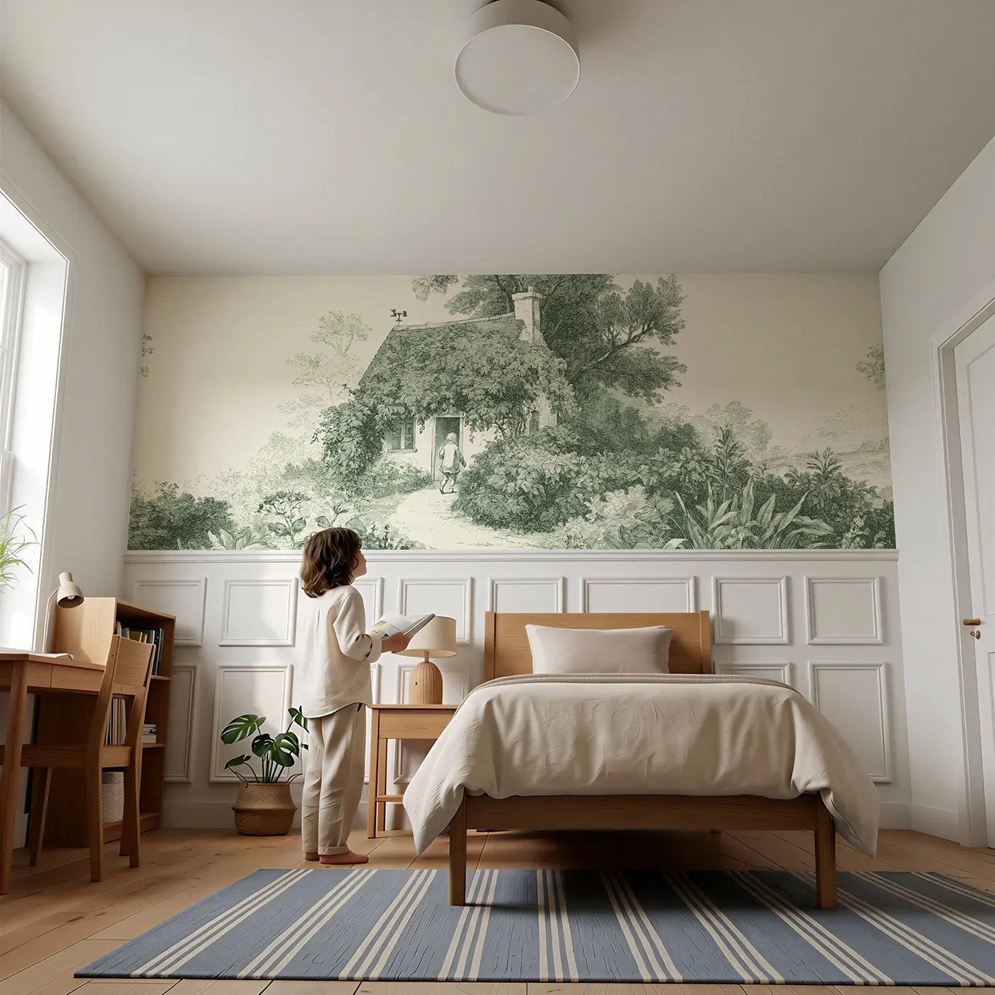 Child reading near Cottage Vine Entrance Green Wainscoting Wallpaper by Whimsy Tots