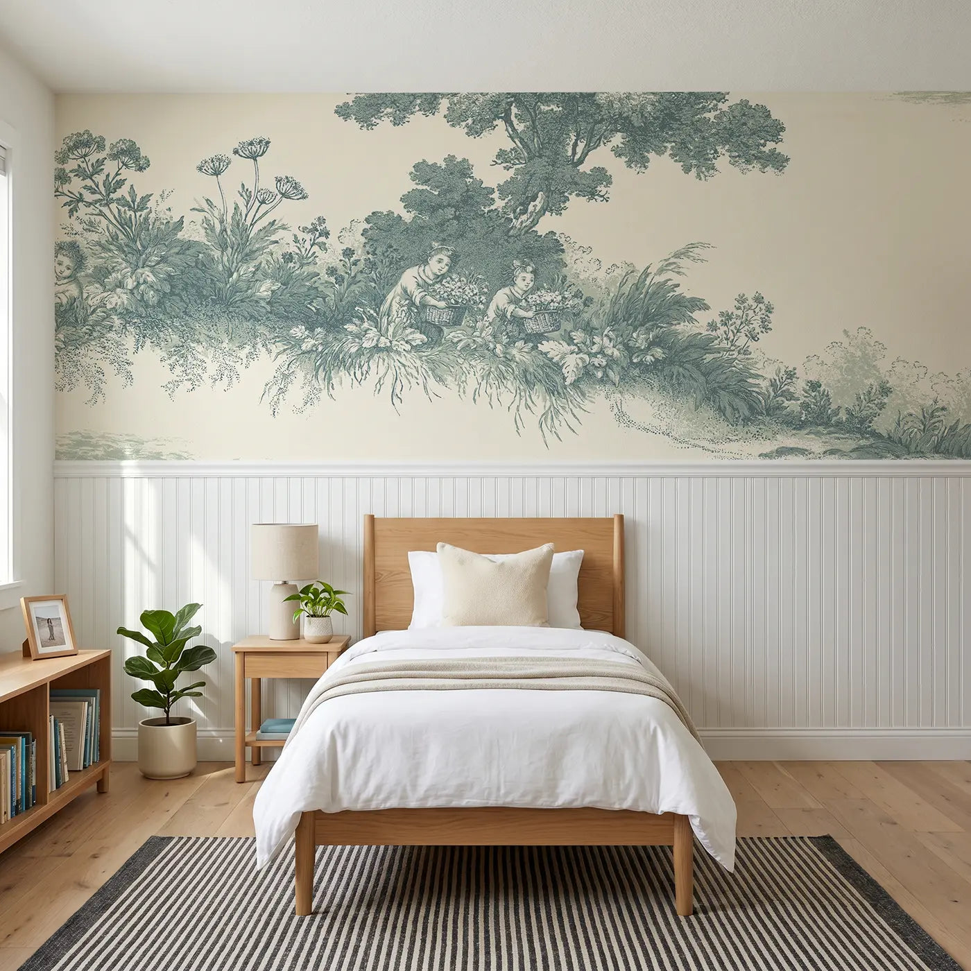 Botanical Elegance wildflower gather green toile wainscoting wallpaper for bedroom by Whimsy Tots.
