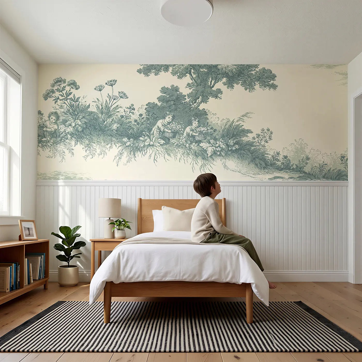Child reading near Wildflower Gather Green Toile Wainscoting Wallpaper by Whimsy Tots