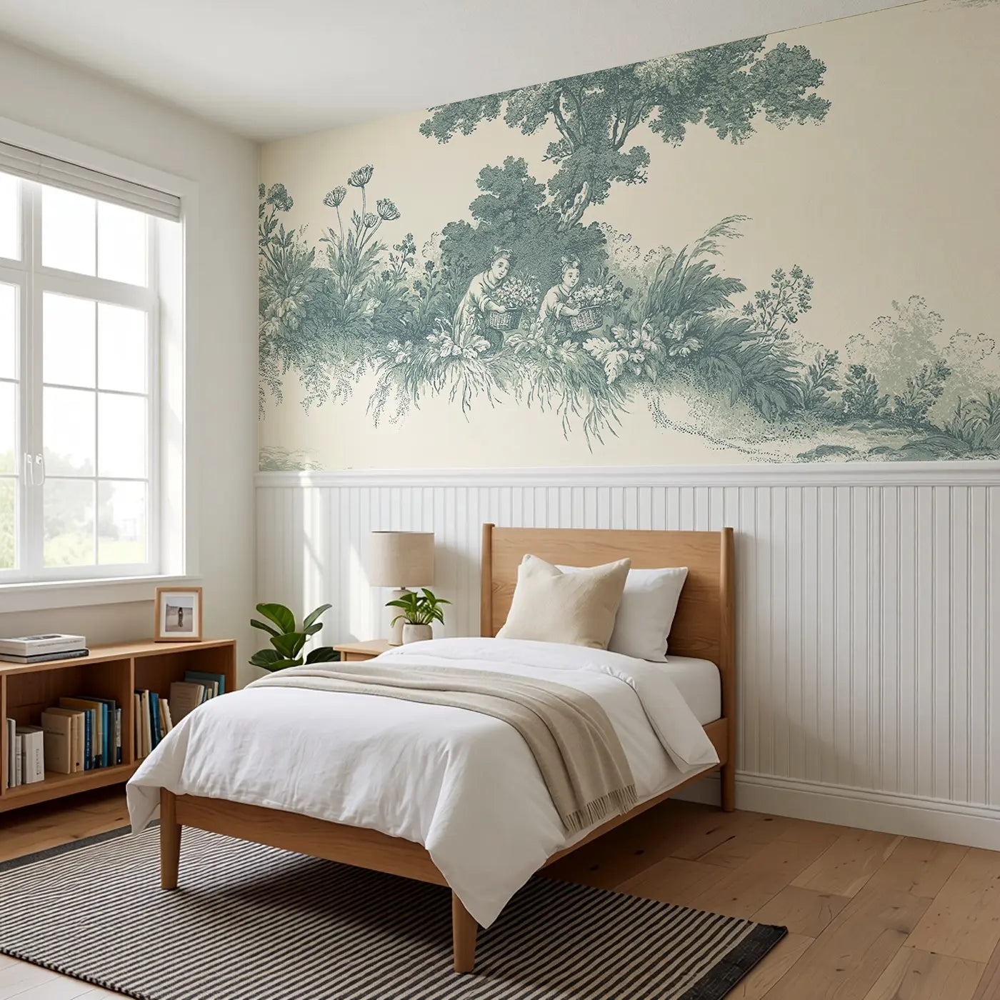 Wildflower Gather Green Toile Wainscoting Wallpaper styled in a kids bedroom by Whimsy Tots