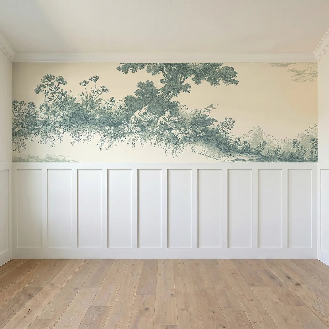 Full panel view of Wildflower Gather Green Toile Wainscoting Wallpaper by Whimsy Tots