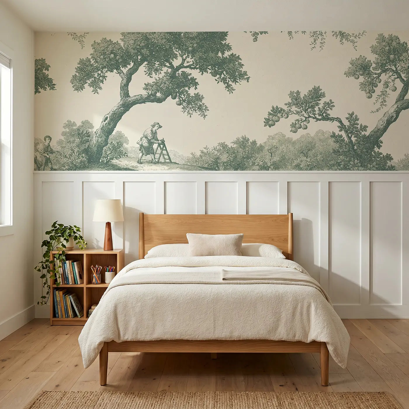Botanical Elegance orchard apple pick green toile wainscoting wallpaper for bedroom by Whimsy Tots.