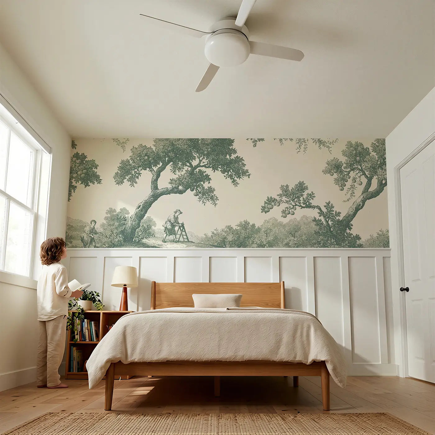 Child reading near Orchard Apple Pick Green Toile Wainscoting Wallpaper by Whimsy Tots