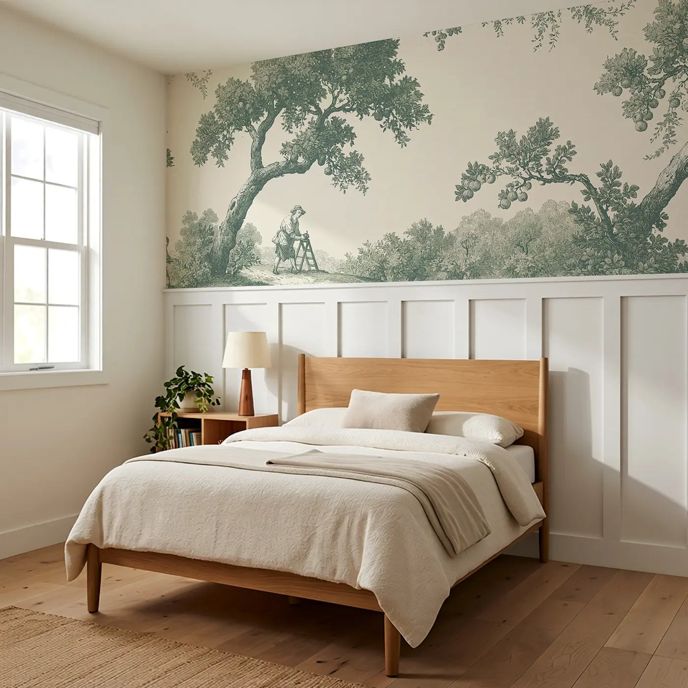 Orchard Apple Pick Green Toile Wainscoting Wallpaper styled in a kids bedroom by Whimsy Tots