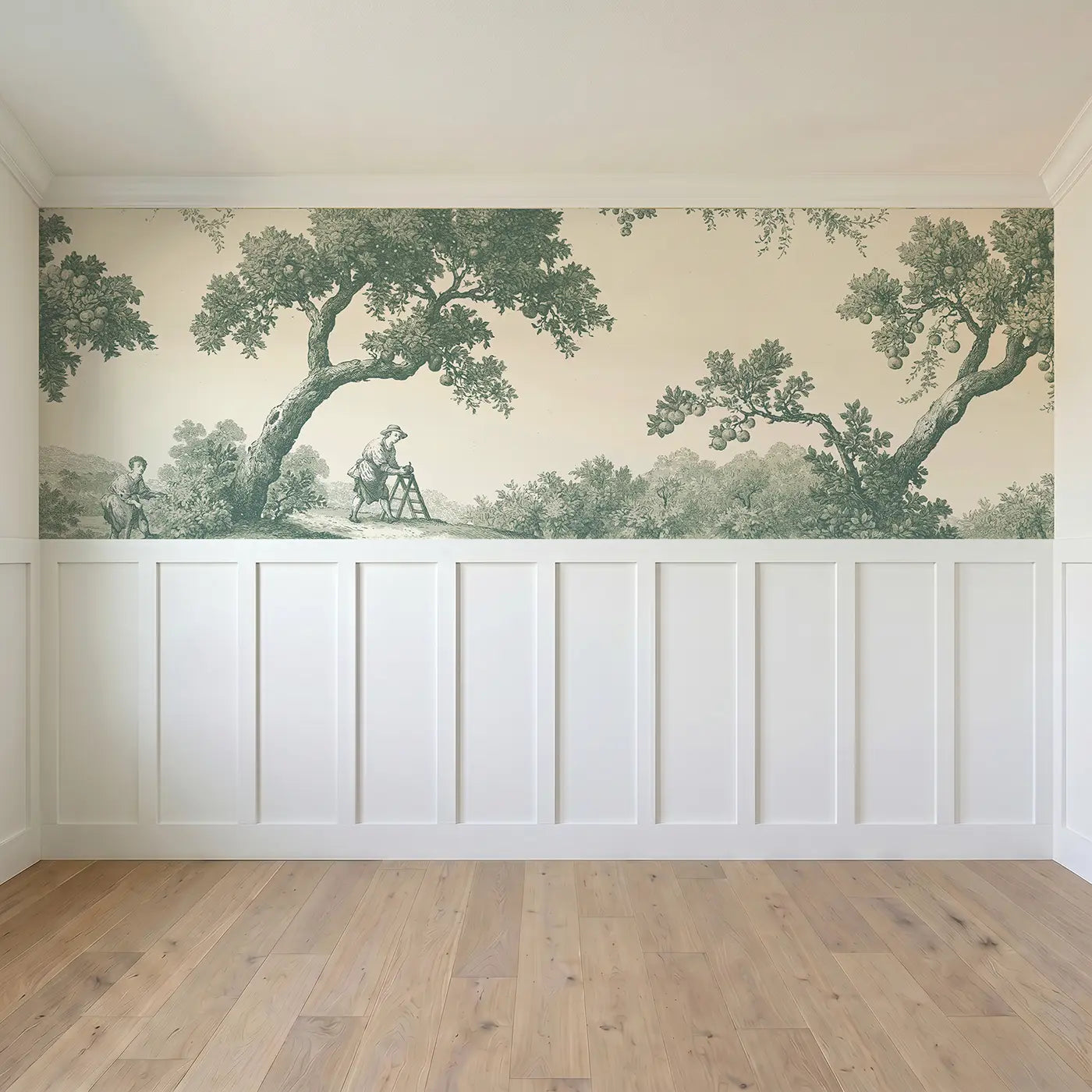 Full panel view of Orchard Apple Pick Green Toile Wainscoting Wallpaper by Whimsy Tots