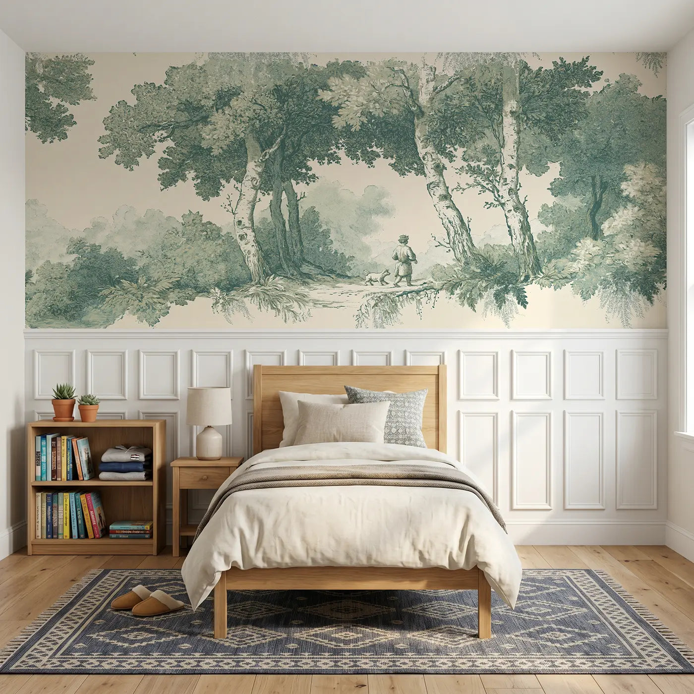 Botanical Elegance forest path walk green toile wainscoting wallpaper for bedroom by Whimsy Tots.