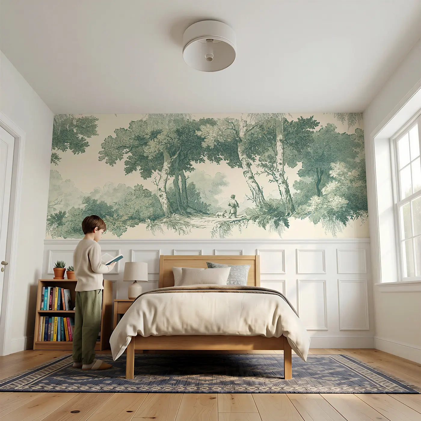Child reading near Forest Path Walk Green Toile Wainscoting Wallpaper by Whimsy Tots