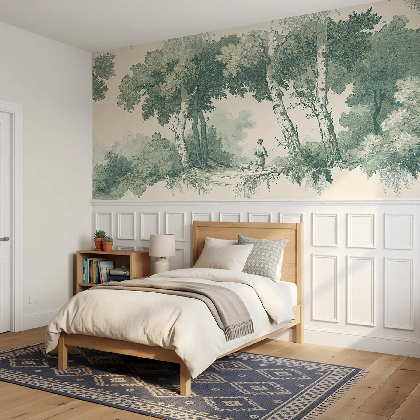 Forest Path Walk Green Toile Wainscoting Wallpaper styled in a kids bedroom by Whimsy Tots
