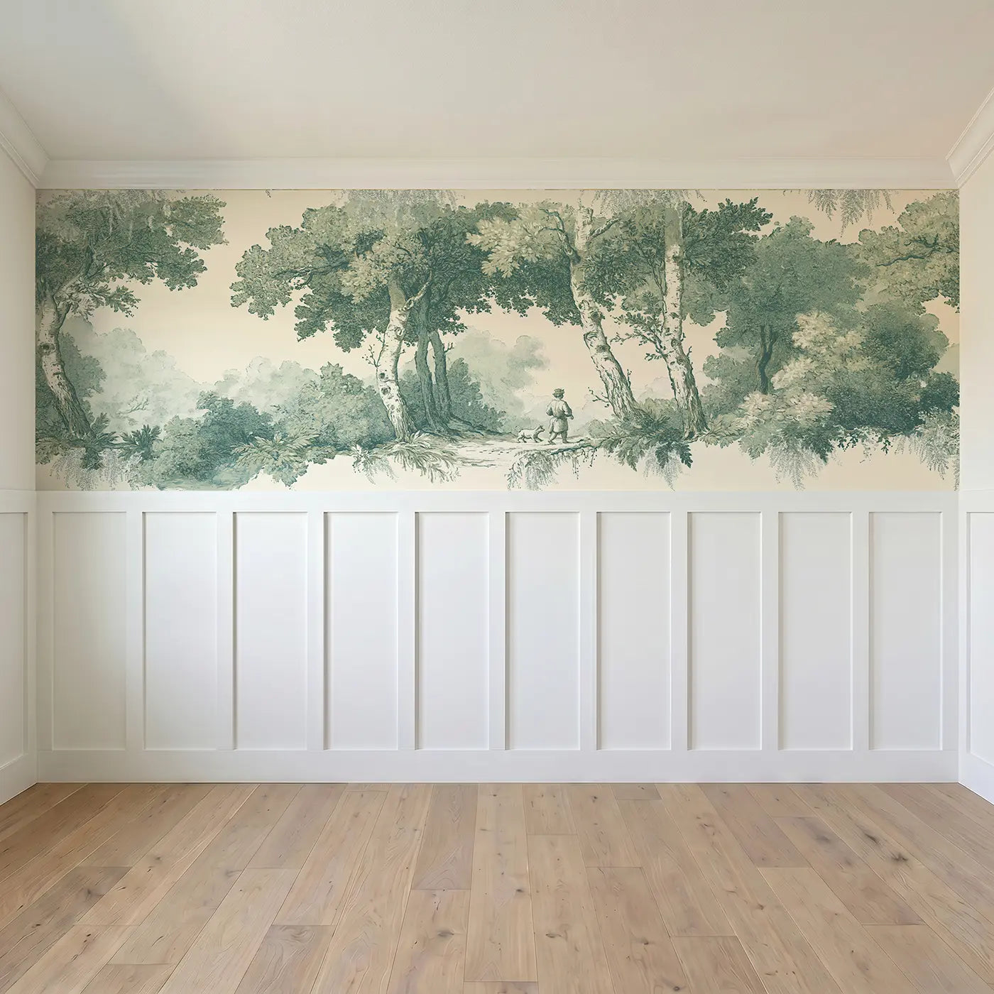 Full panel view of Forest Path Walk Green Toile Wainscoting Wallpaper by Whimsy Tots
