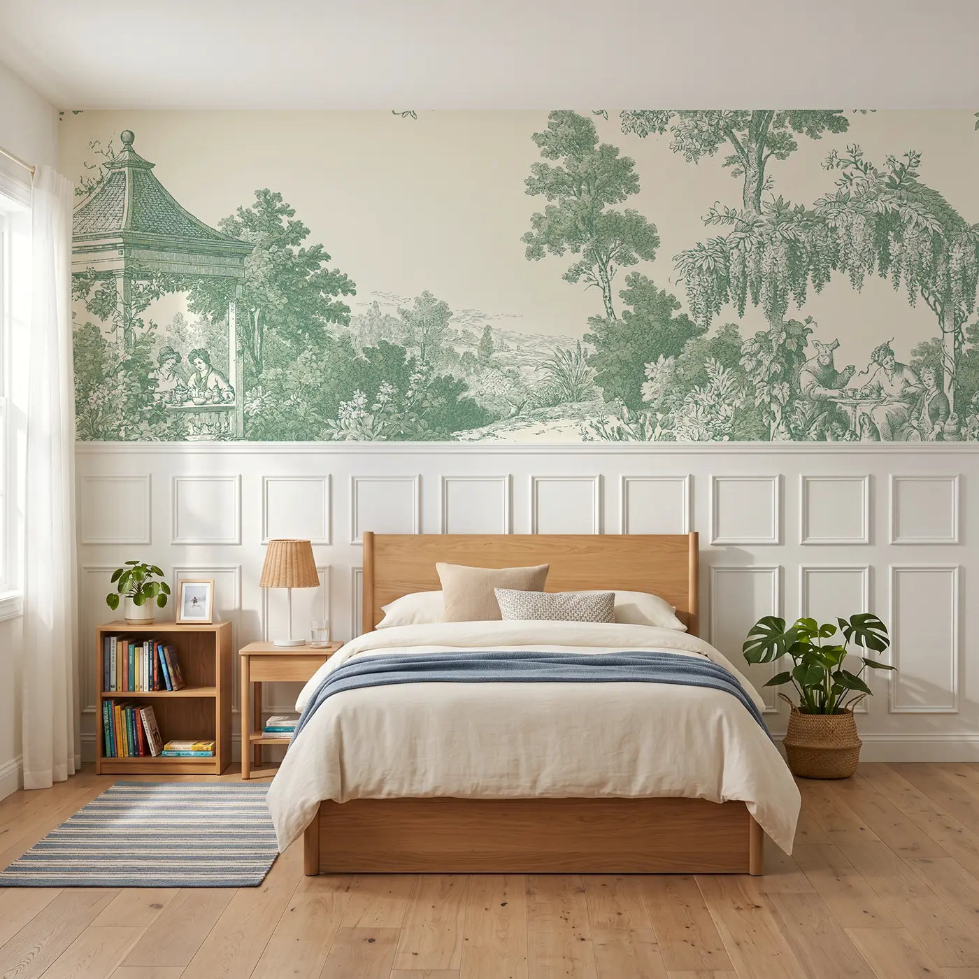 Botanical Elegance garden pavilion tea green toile wainscoting wallpaper for bedroom by Whimsy Tots.