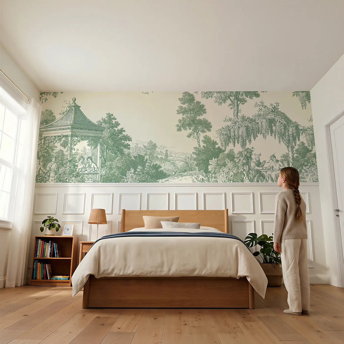 Child reading near Garden Pavilion Tea Green Toile Wainscoting Wallpaper by Whimsy Tots