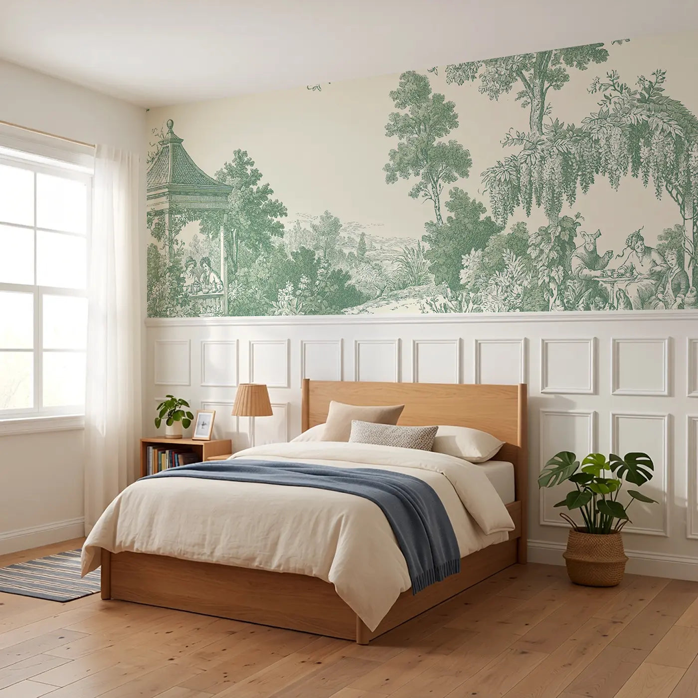 Garden Pavilion Tea Green Toile Wainscoting Wallpaper styled in a kids bedroom by Whimsy Tots
