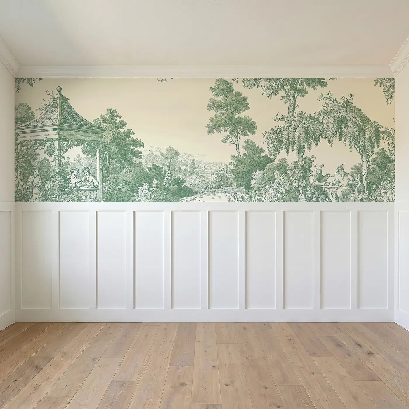 Full panel view of Garden Pavilion Tea Green Toile Wainscoting Wallpaper by Whimsy Tots