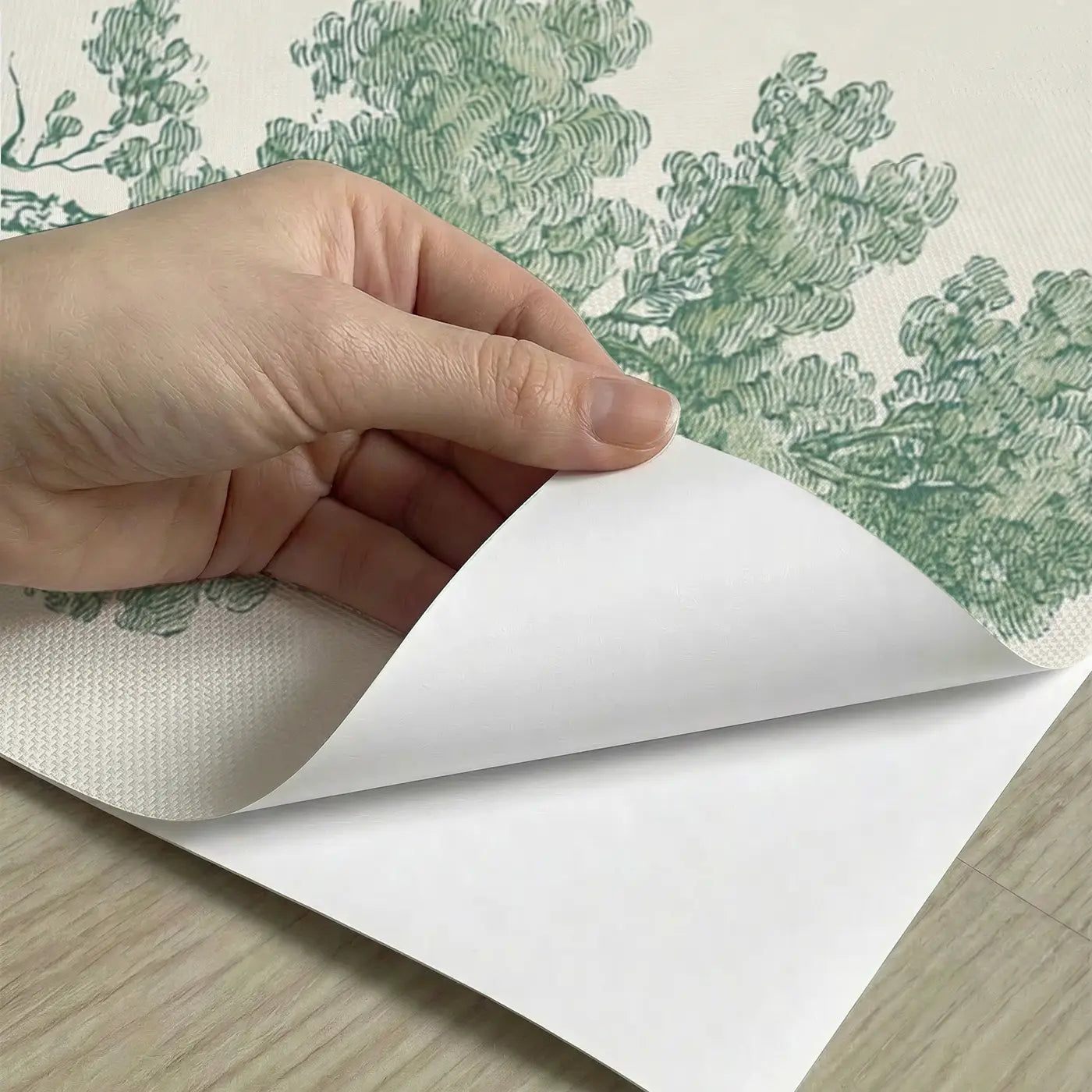 Peel-and-stick detail of Garden Pavilion Tea Green Toile Wainscoting Wallpaper by Whimsy Tots