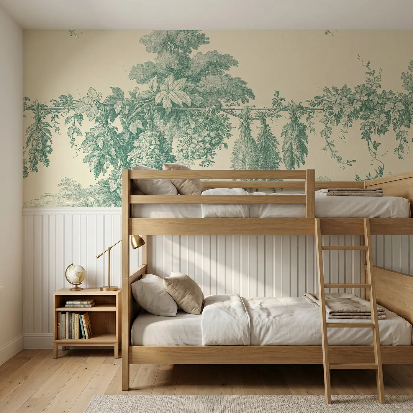 Botanical Elegance herb drying rack green toile wainscoting wallpaper for bedroom by Whimsy Tots.