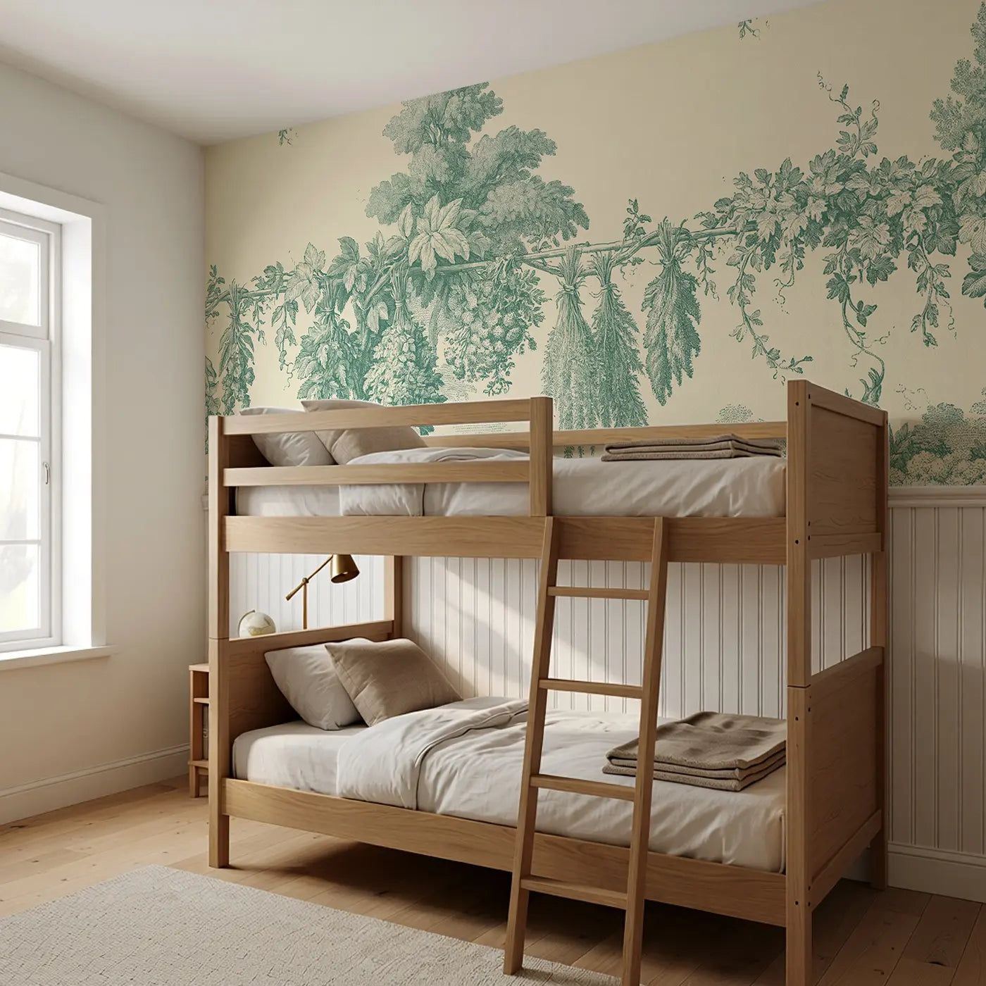 Herb Drying Rack Green Toile Wainscoting Wallpaper styled in a kids bedroom by Whimsy Tots