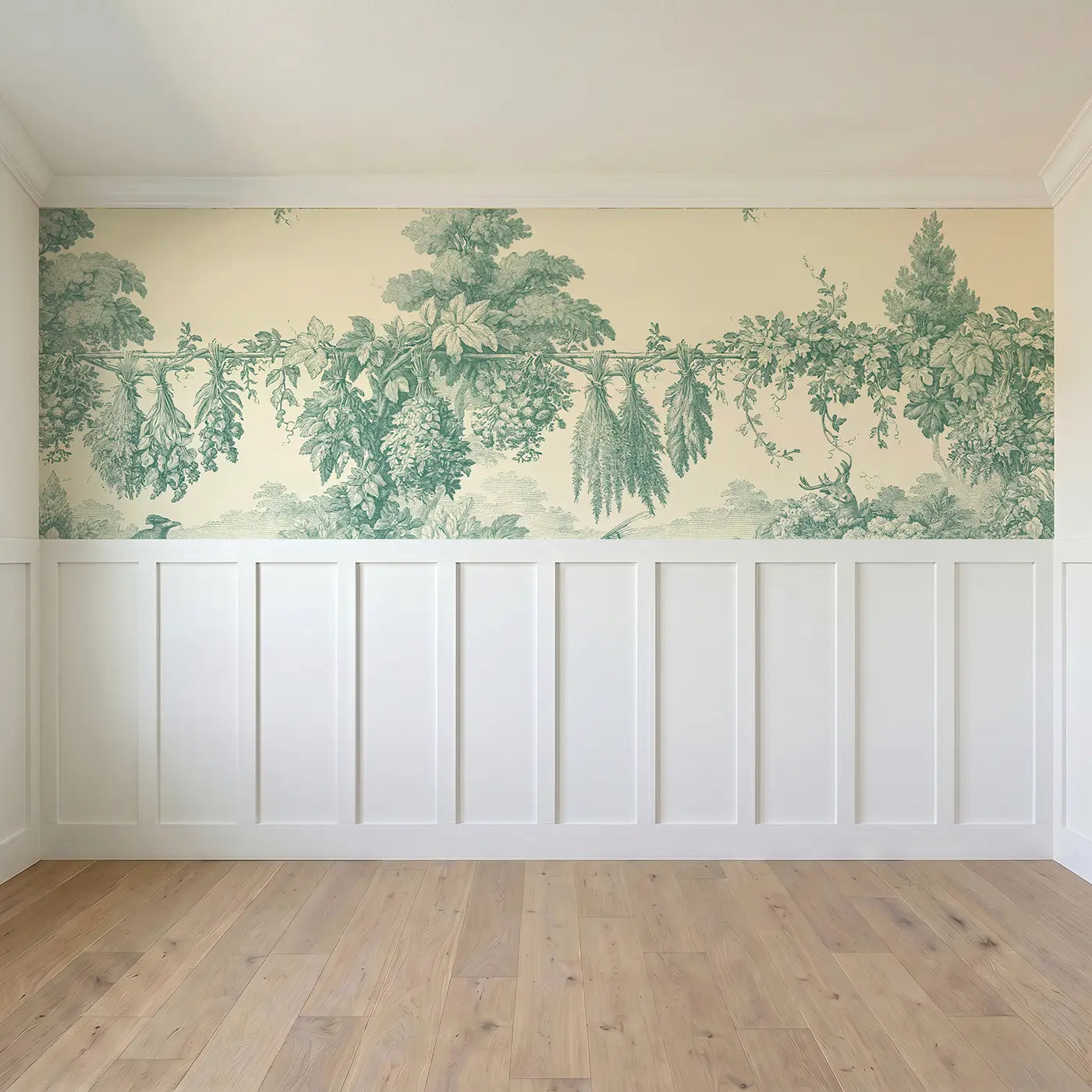 Full panel view of Herb Drying Rack Green Toile Wainscoting Wallpaper by Whimsy Tots
