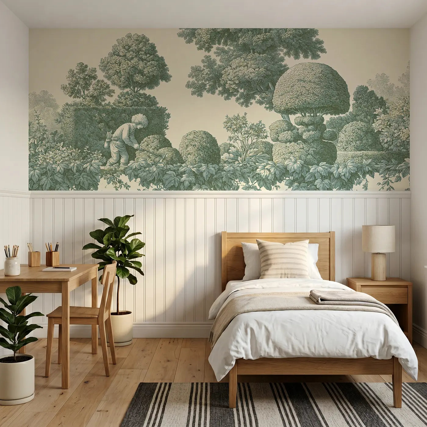 Botanical Elegance topiary garden green toile wainscoting wallpaper for bedroom by Whimsy Tots.