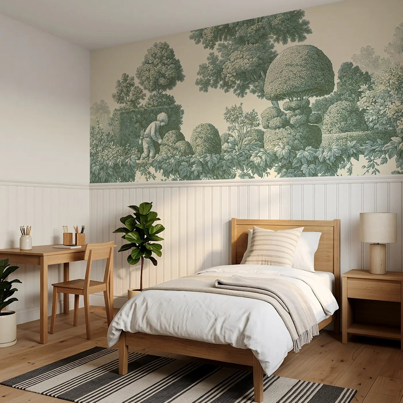 Topiary Garden Green Toile Wainscoting Wallpaper styled in a kids bedroom by Whimsy Tots