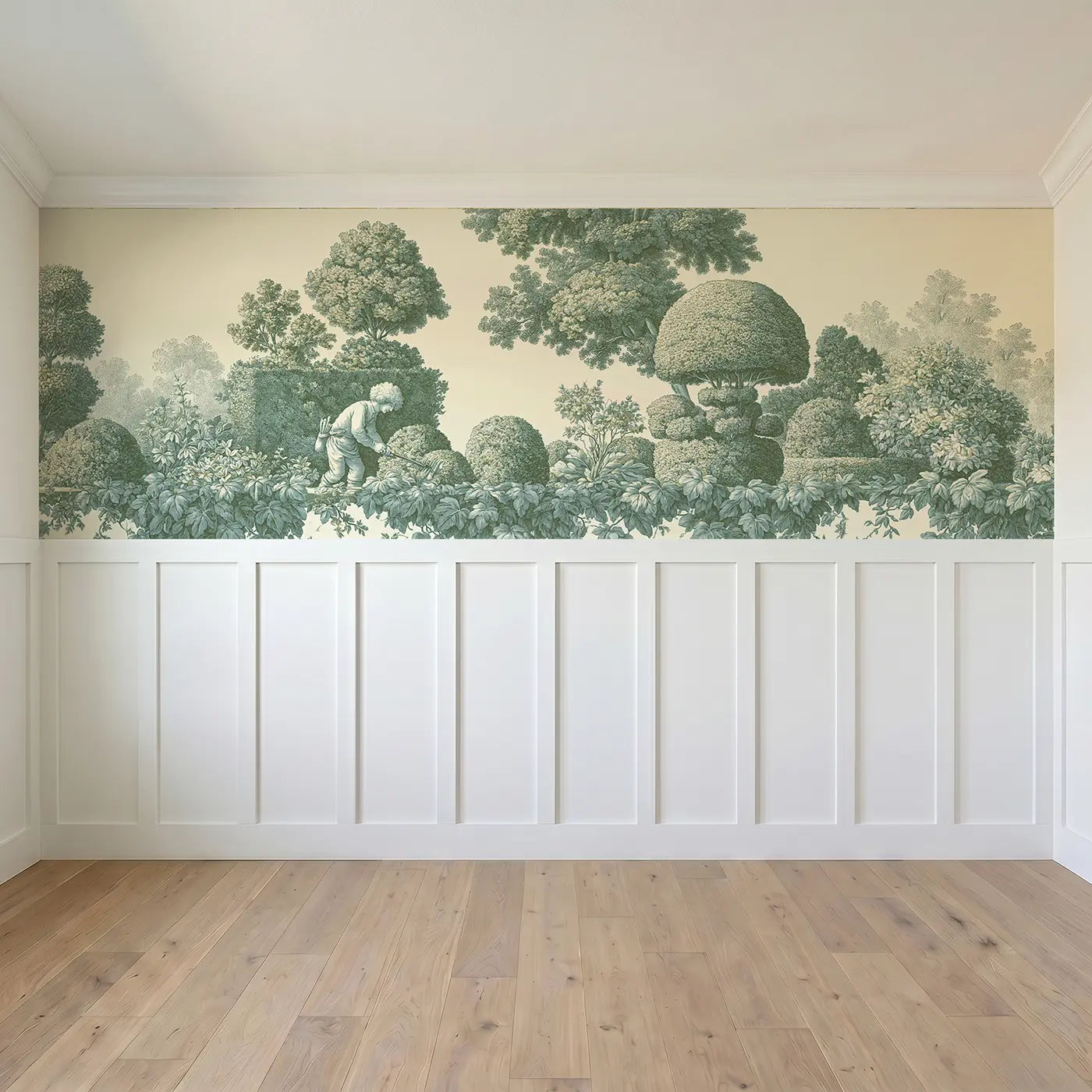Full panel view of Topiary Garden Green Toile Wainscoting Wallpaper by Whimsy Tots