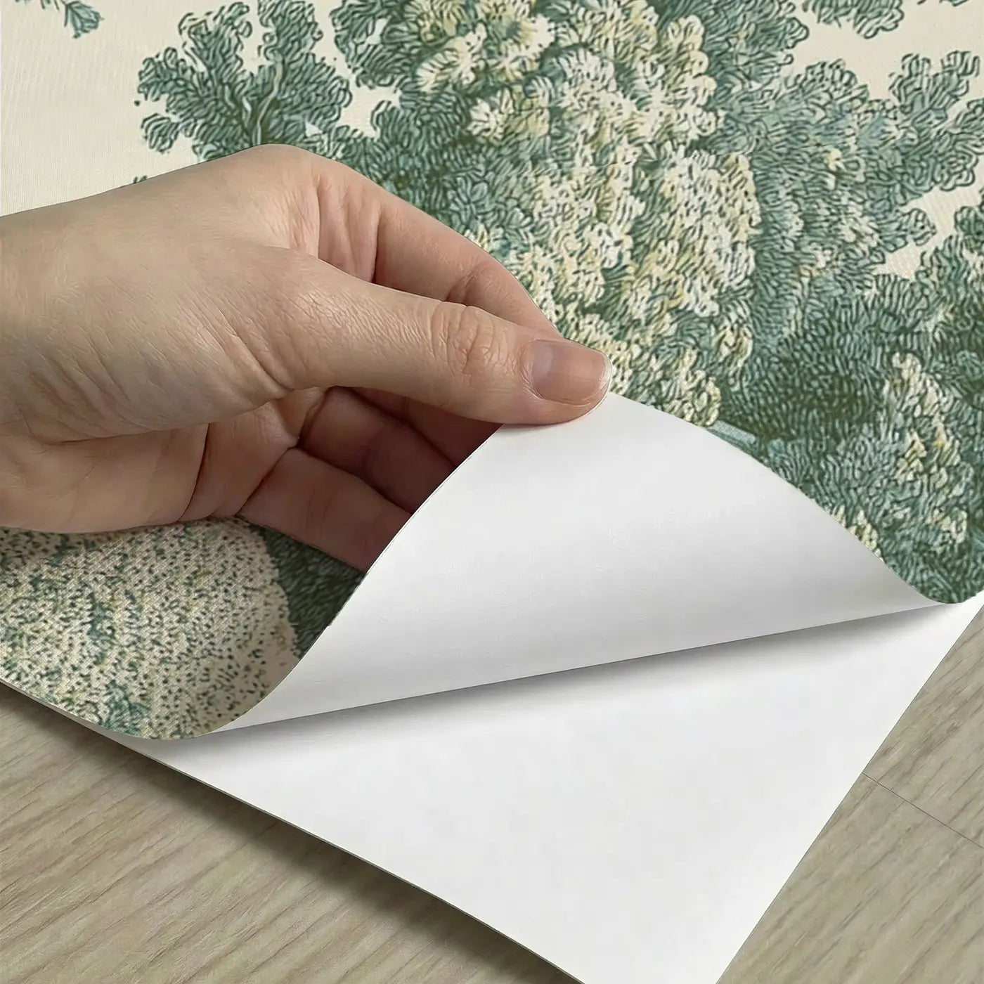 Peel-and-stick detail of Topiary Garden Green Toile Wainscoting Wallpaper by Whimsy Tots