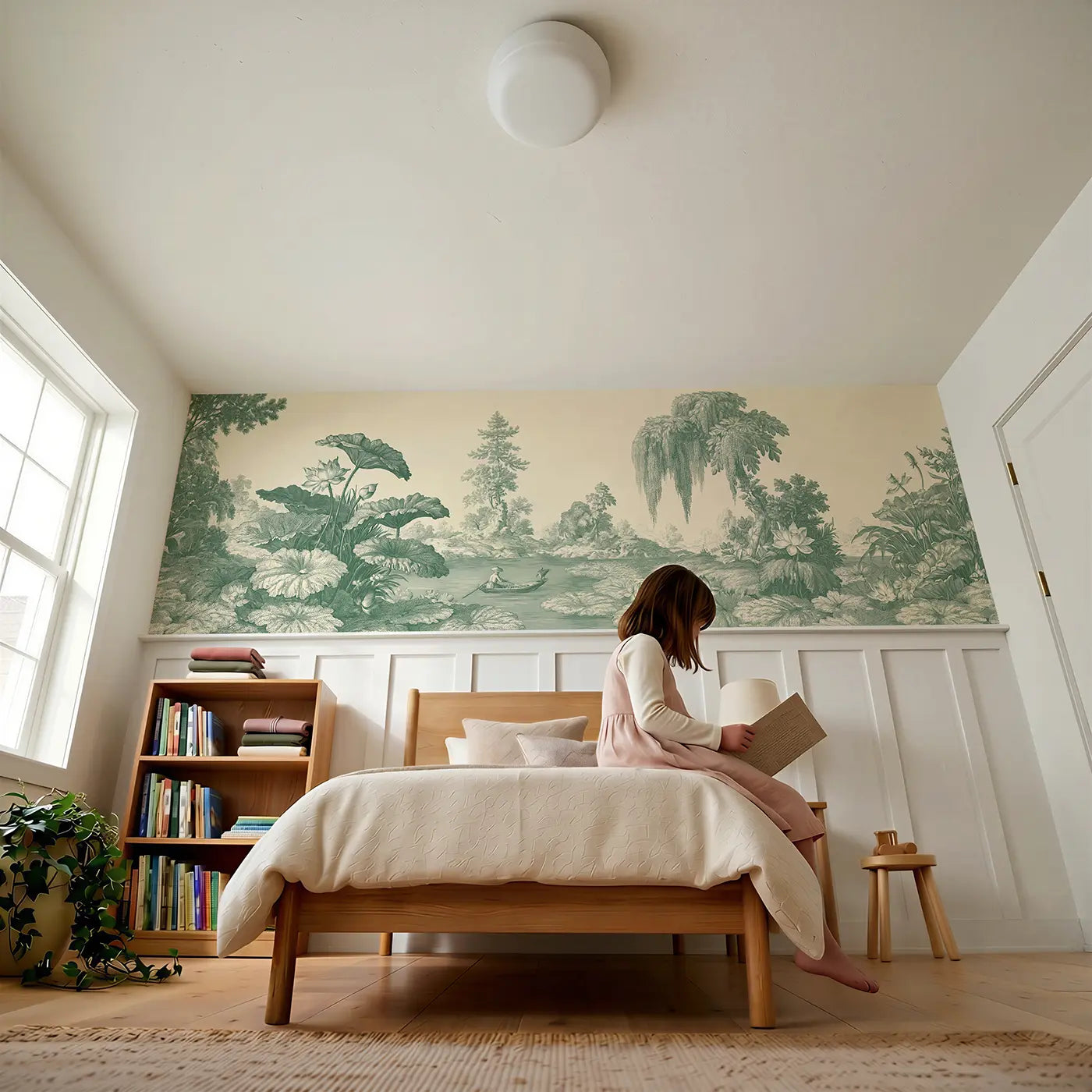 Child reading near Lily Pond Lotus Green Toile Wainscoting Wallpaper by Whimsy Tots