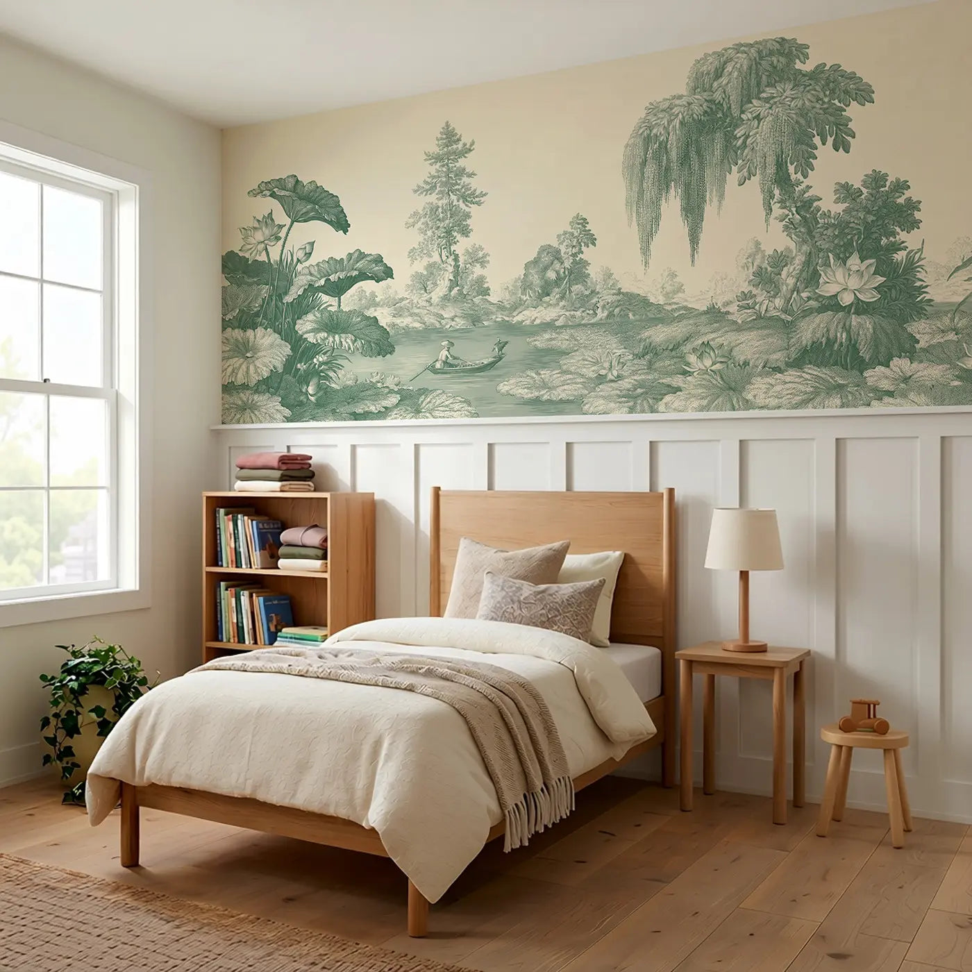 Lily Pond Lotus Green Toile Wainscoting Wallpaper styled in a kids bedroom by Whimsy Tots