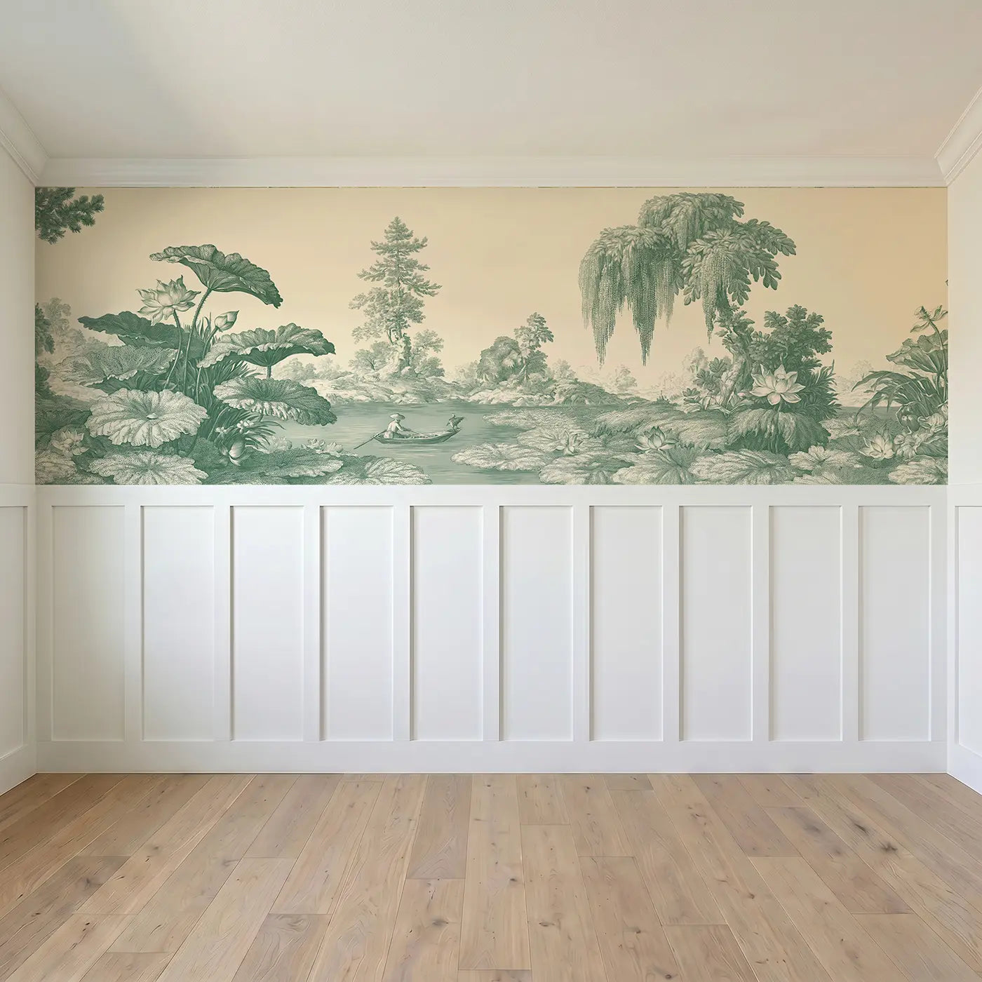 Full panel view of Lily Pond Lotus Green Toile Wainscoting Wallpaper by Whimsy Tots