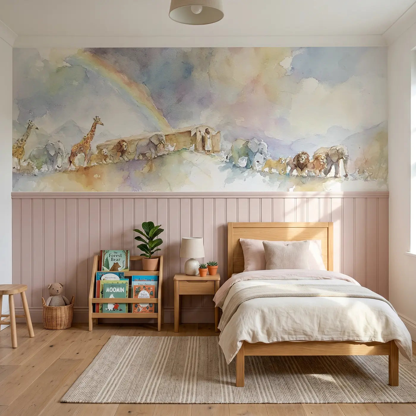 Watercolor Noah ark rainbow covenant wainscoting wallpaper for bedroom by Whimsy Tots.