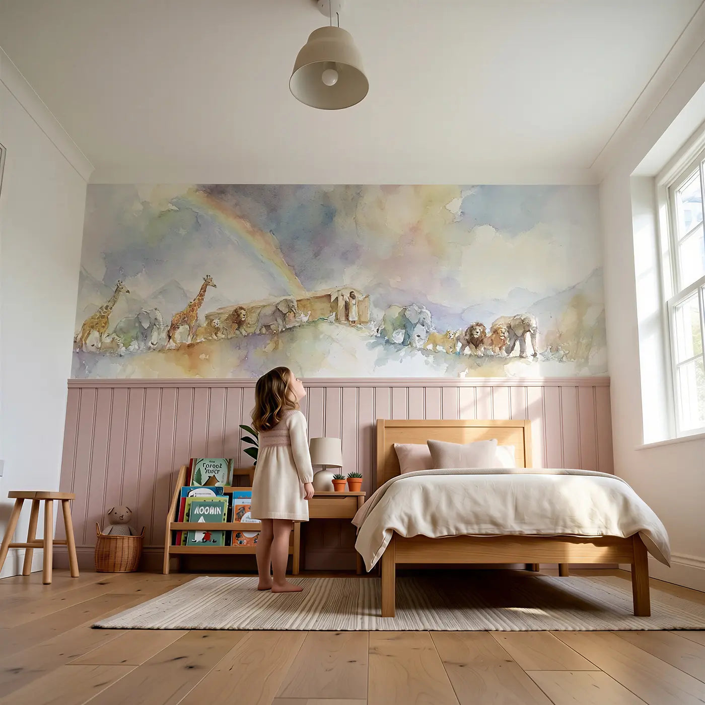 Child reading near Noah Ark Rainbow Covenant Wainscoting Wallpaper by Whimsy Tots
