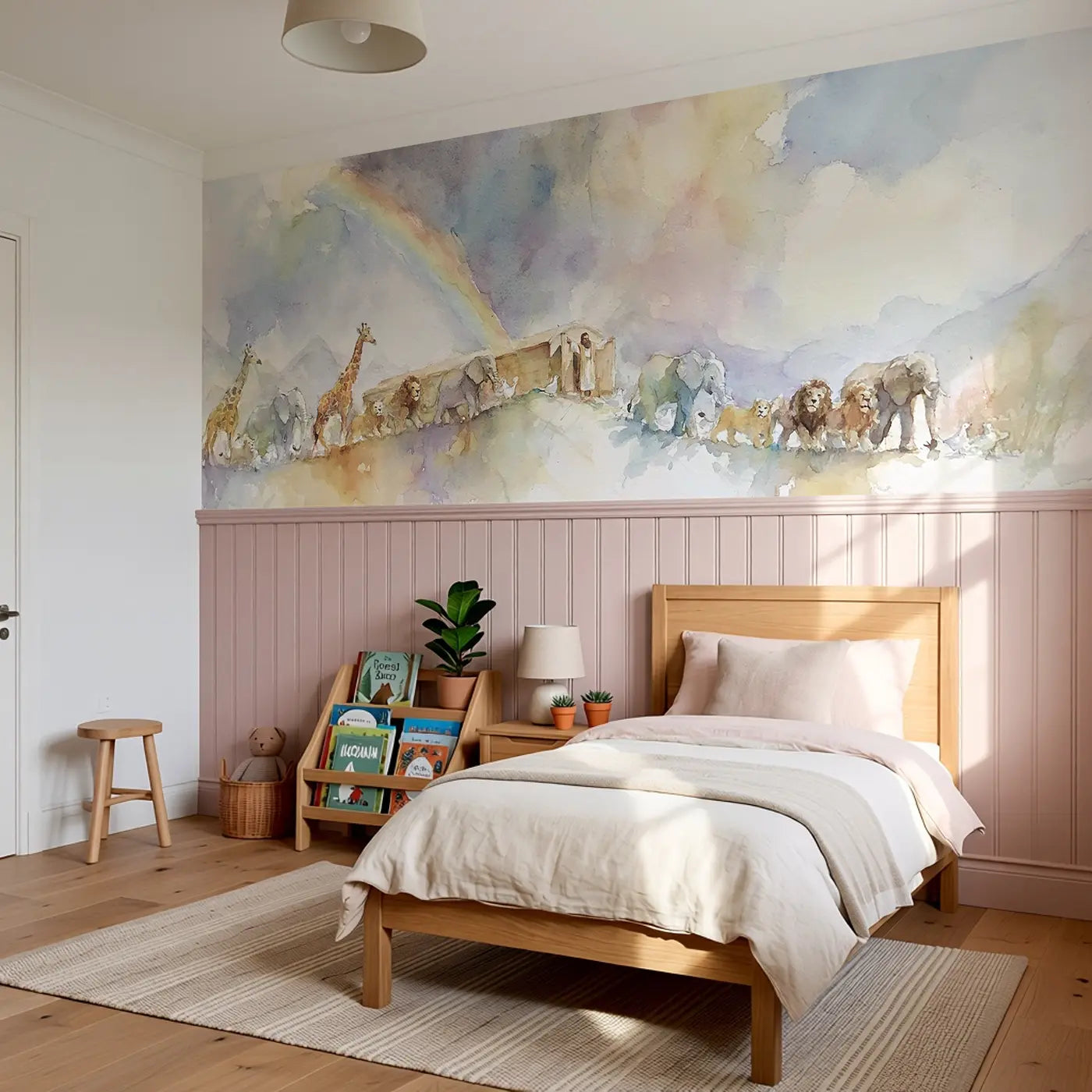 Noah Ark Rainbow Covenant Wainscoting Wallpaper styled in a kids bedroom by Whimsy Tots