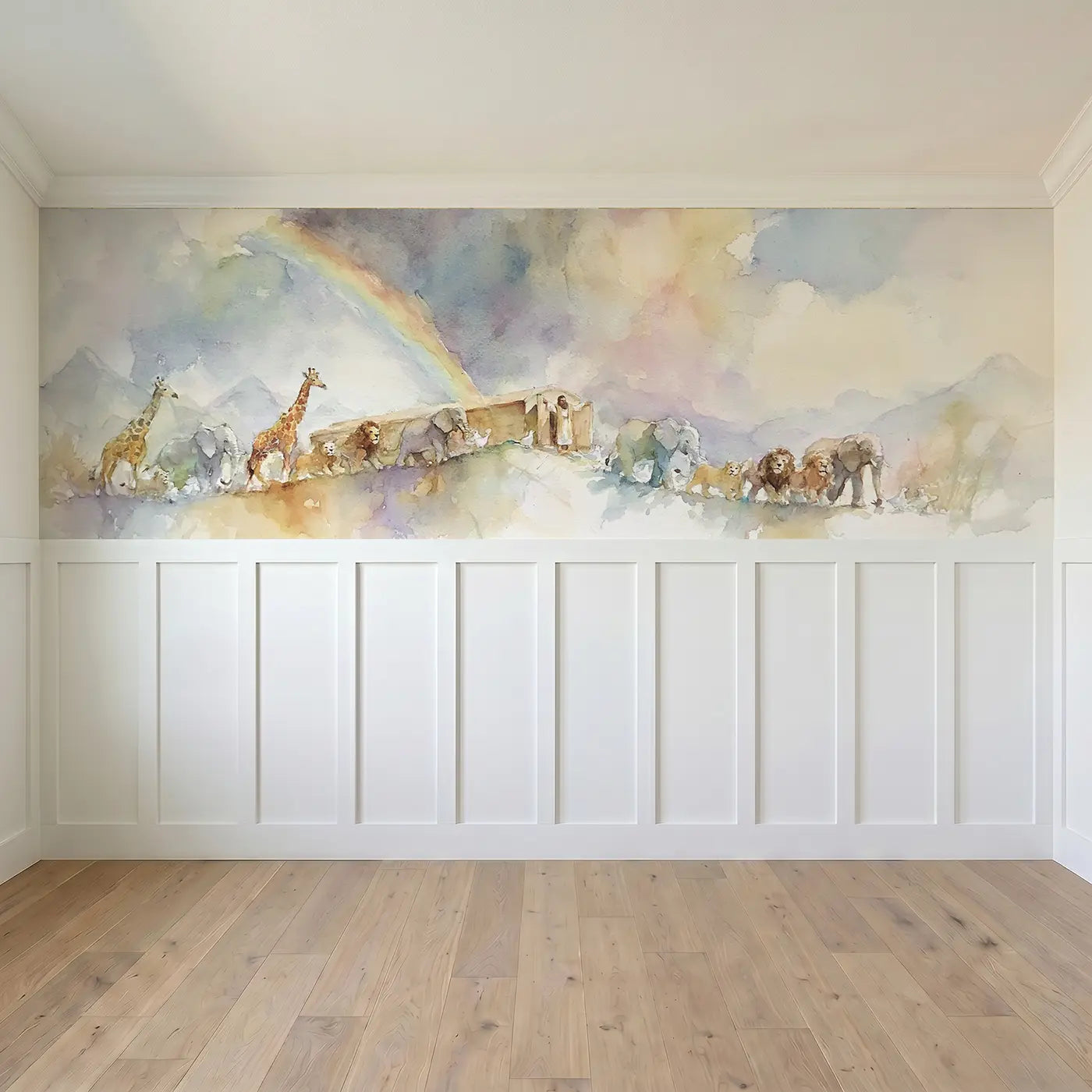 Full panel view of Noah Ark Rainbow Covenant Wainscoting Wallpaper by Whimsy Tots