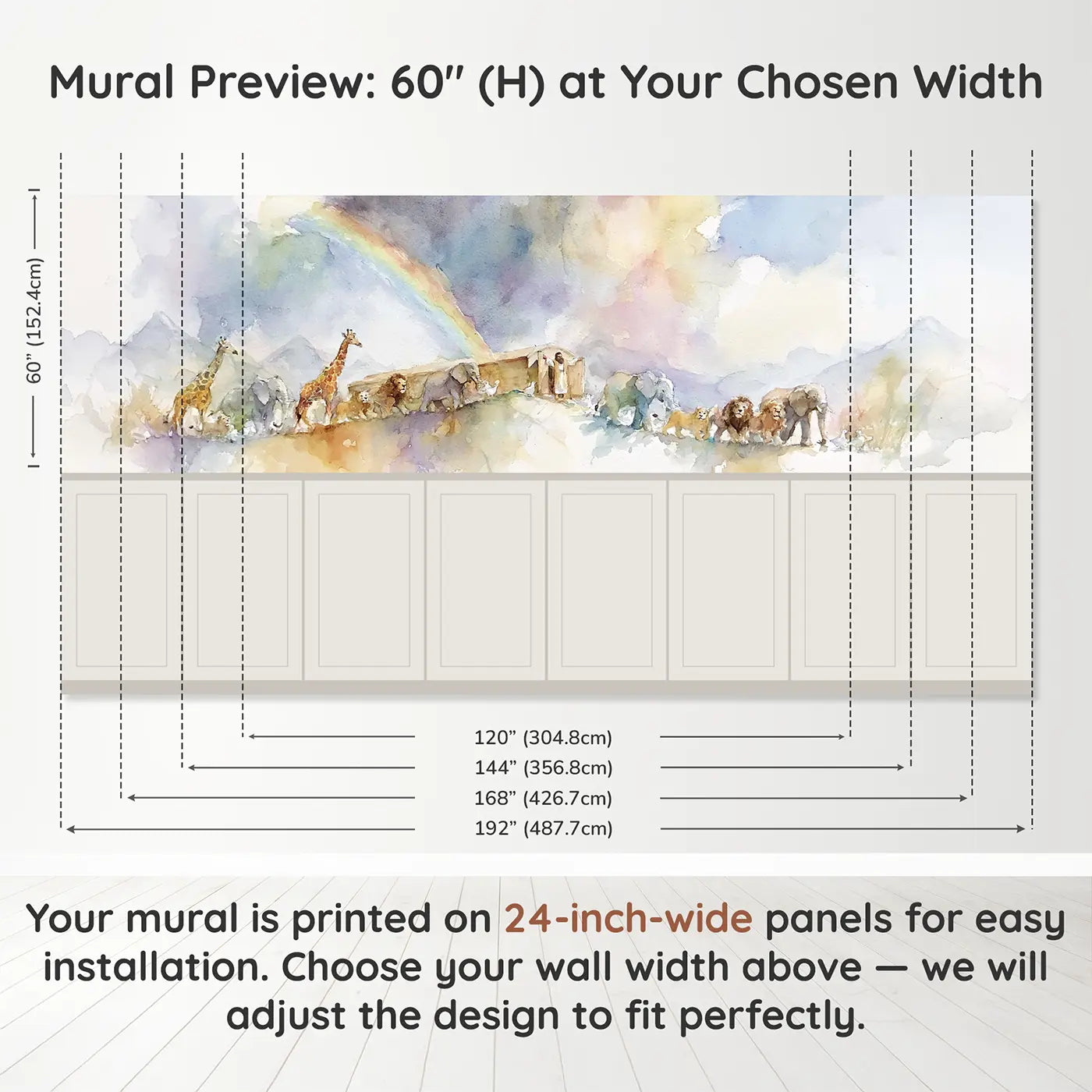 Panel dimensions for Noah Ark Rainbow Covenant Wainscoting Wallpaper by Whimsy Tots