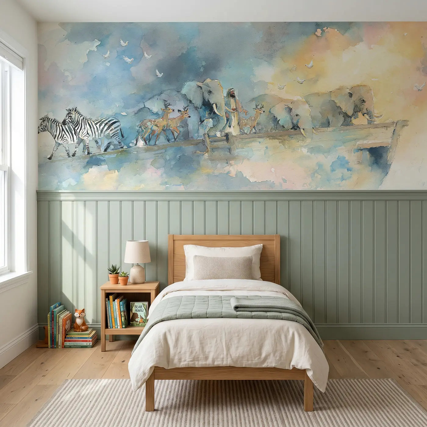 Watercolor Noah ark animals boarding wainscoting wallpaper for bedroom by Whimsy Tots.