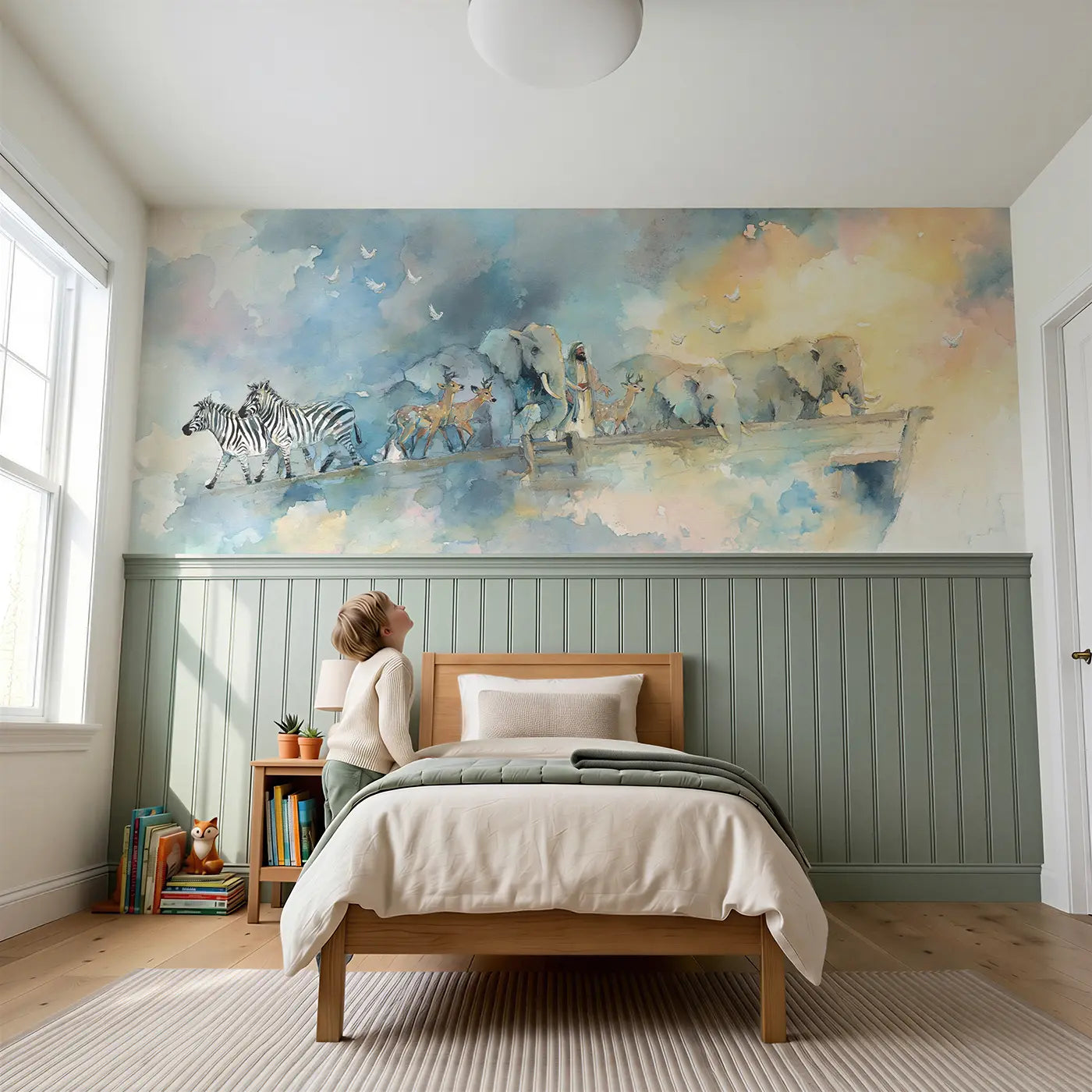 Child reading near Noah Ark Animals Boarding Wainscoting Wallpaper by Whimsy Tots