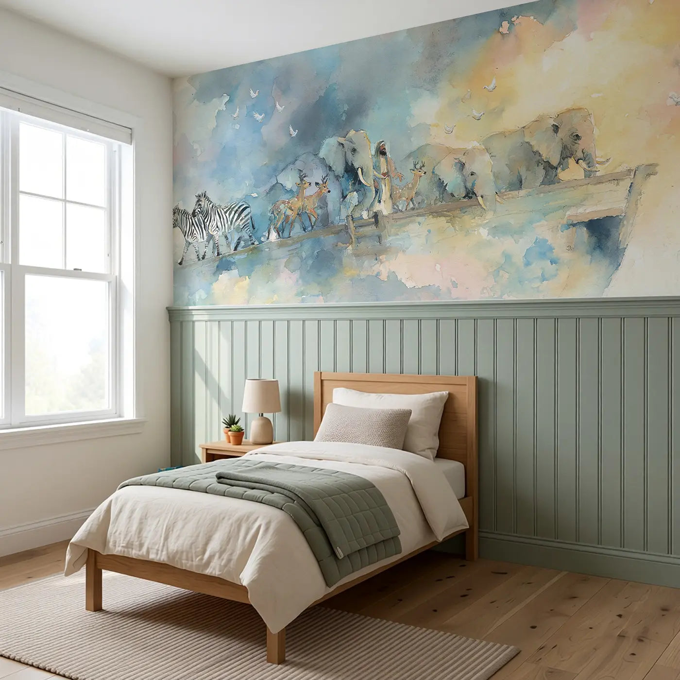 Noah Ark Animals Boarding Wainscoting Wallpaper styled in a kids bedroom by Whimsy Tots