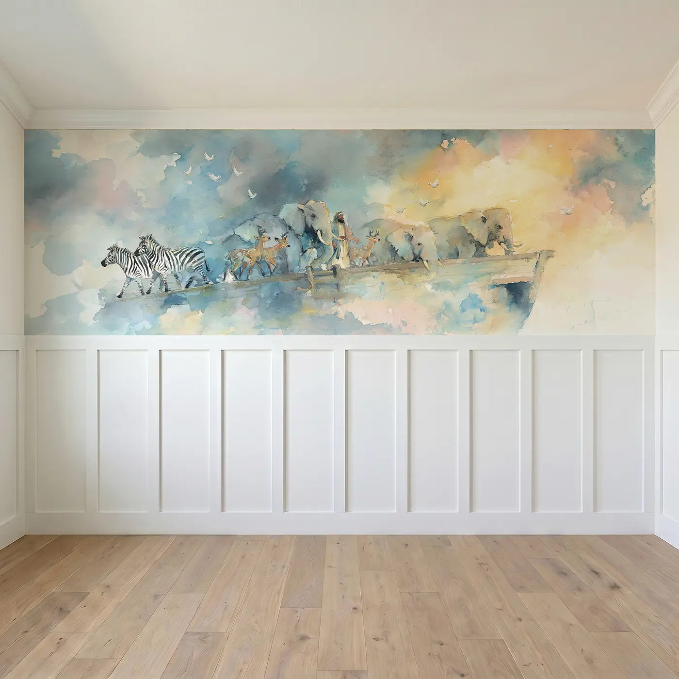 Full panel view of Noah Ark Animals Boarding Wainscoting Wallpaper by Whimsy Tots