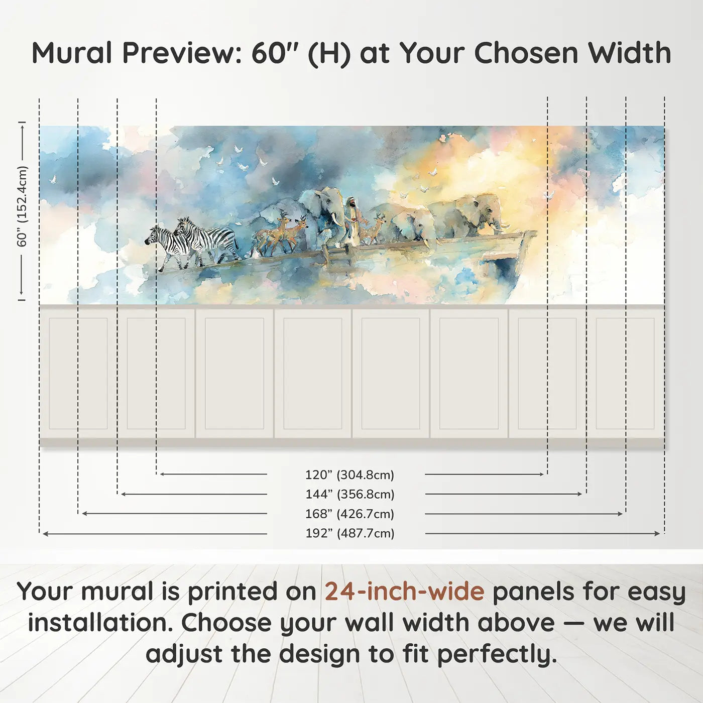 Panel dimensions for Noah Ark Animals Boarding Wainscoting Wallpaper by Whimsy Tots