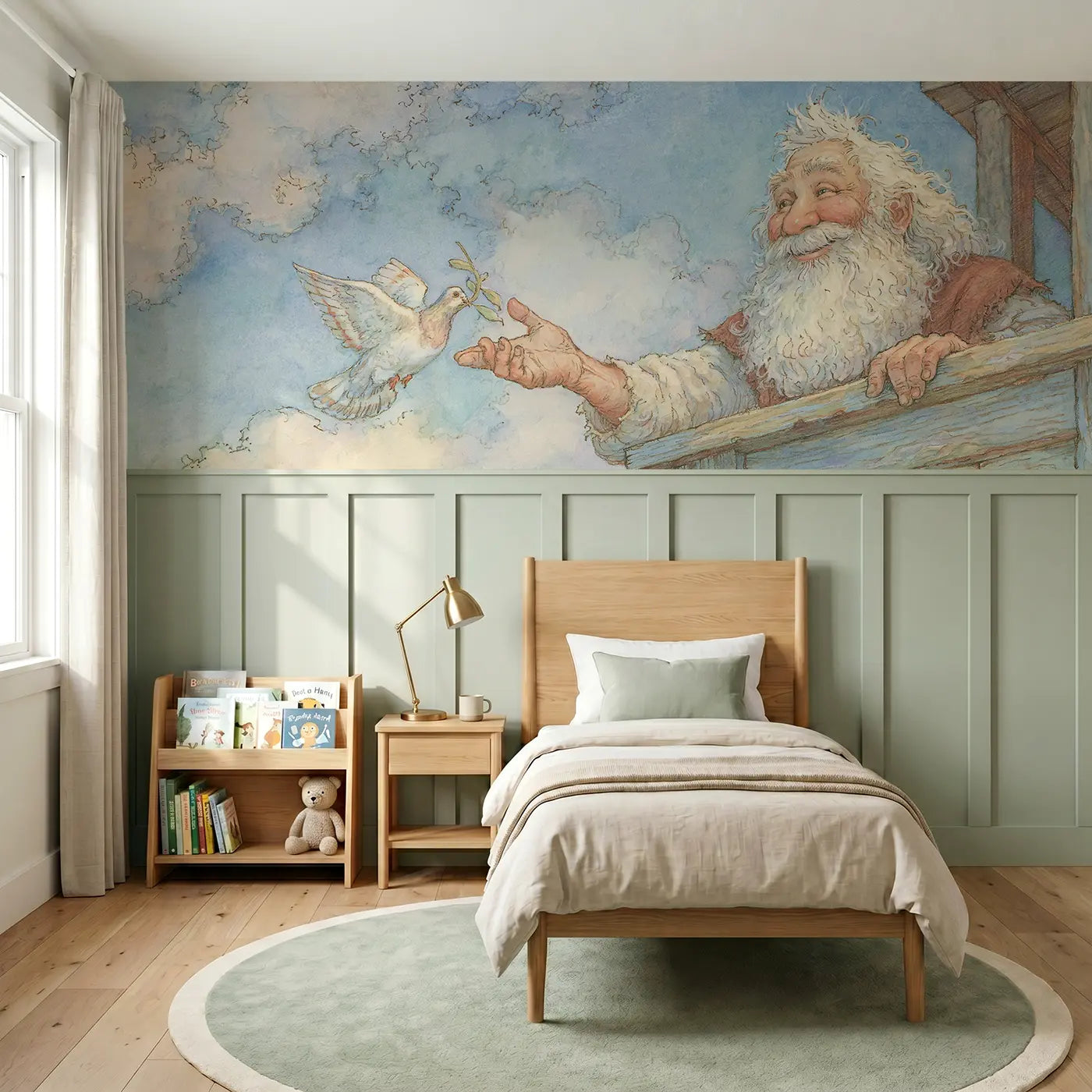 Storybook Noah ark gentle dove return wainscoting wallpaper for bedroom by Whimsy Tots.