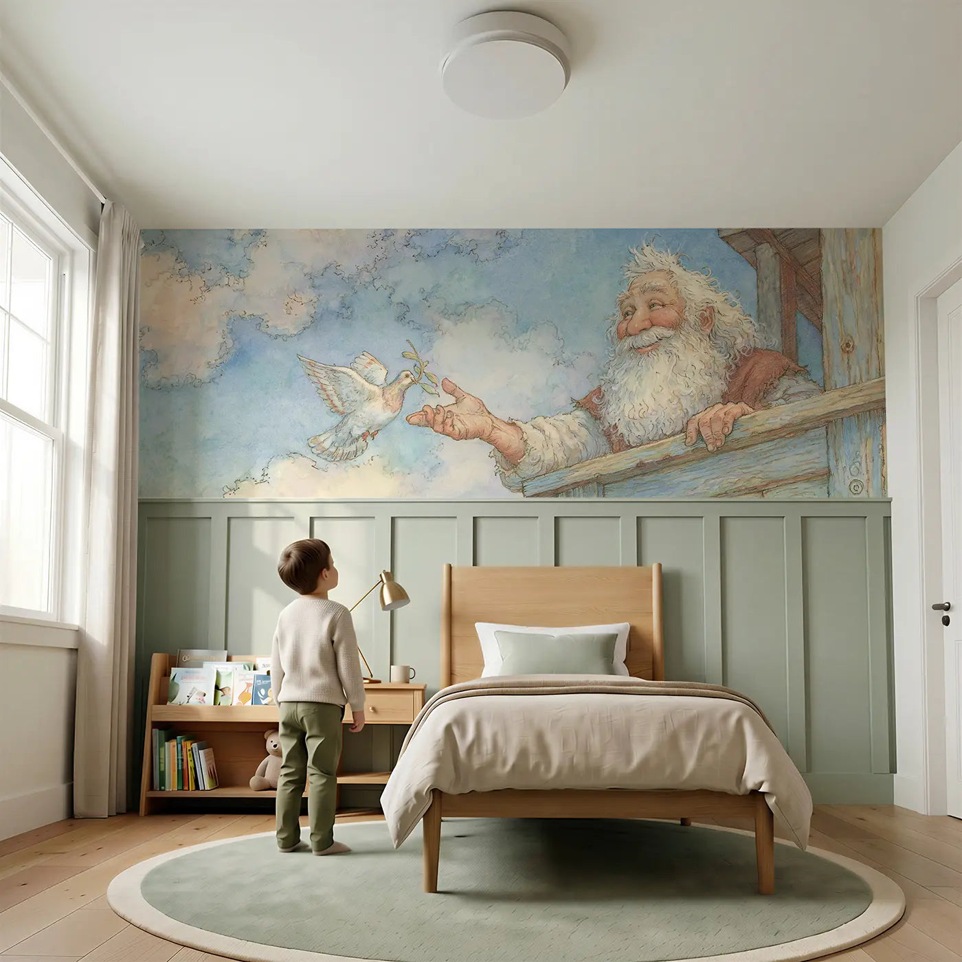 Child reading near Noah Ark Gentle Dove Return Wainscoting Wallpaper by Whimsy Tots