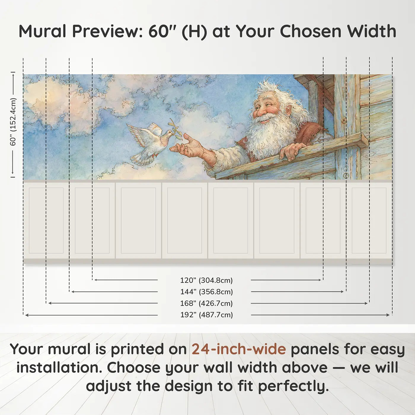 Panel dimensions for Noah Ark Gentle Dove Return Wainscoting Wallpaper by Whimsy Tots