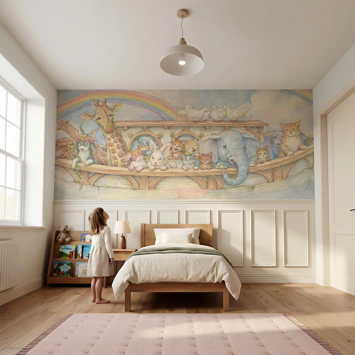Child reading near Noah Ark Animals Peeking Wainscoting Wallpaper by Whimsy Tots
